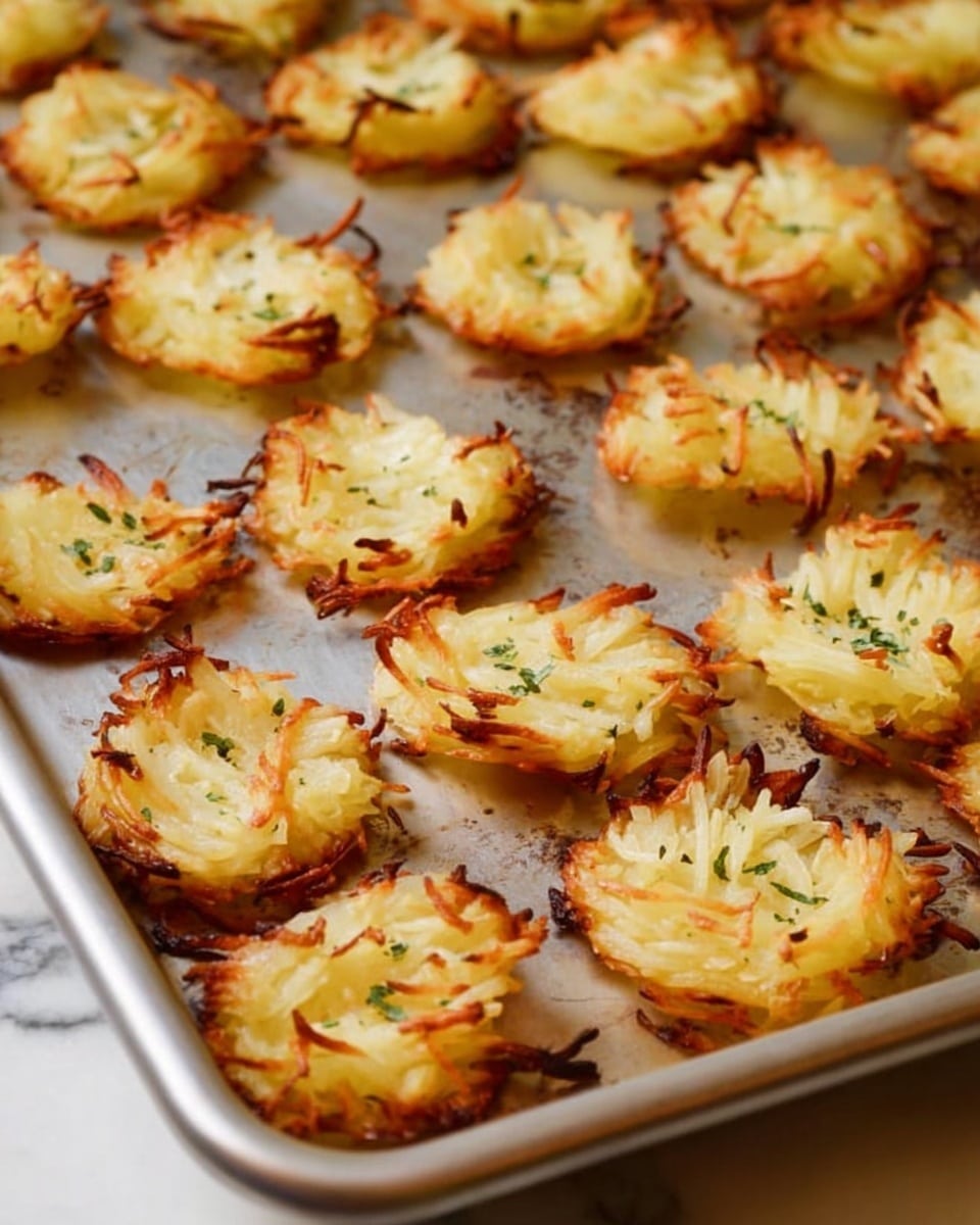 The image shows a baking tray filled with small, round potato nests, each with a crispy golden-brown outside and a soft, pale yellow inside. The nests have thin strips of potato that are slightly browned and curled at the edges, giving a textured look. They are sprinkled lightly with green herbs, adding a touch of color. The tray has a metallic sheen, with some oil spots reflecting light, and the potato nests are evenly spaced across it. The background beneath the tray is a white marbled surface. photo taken with an iphone --ar 4:5 --v 7