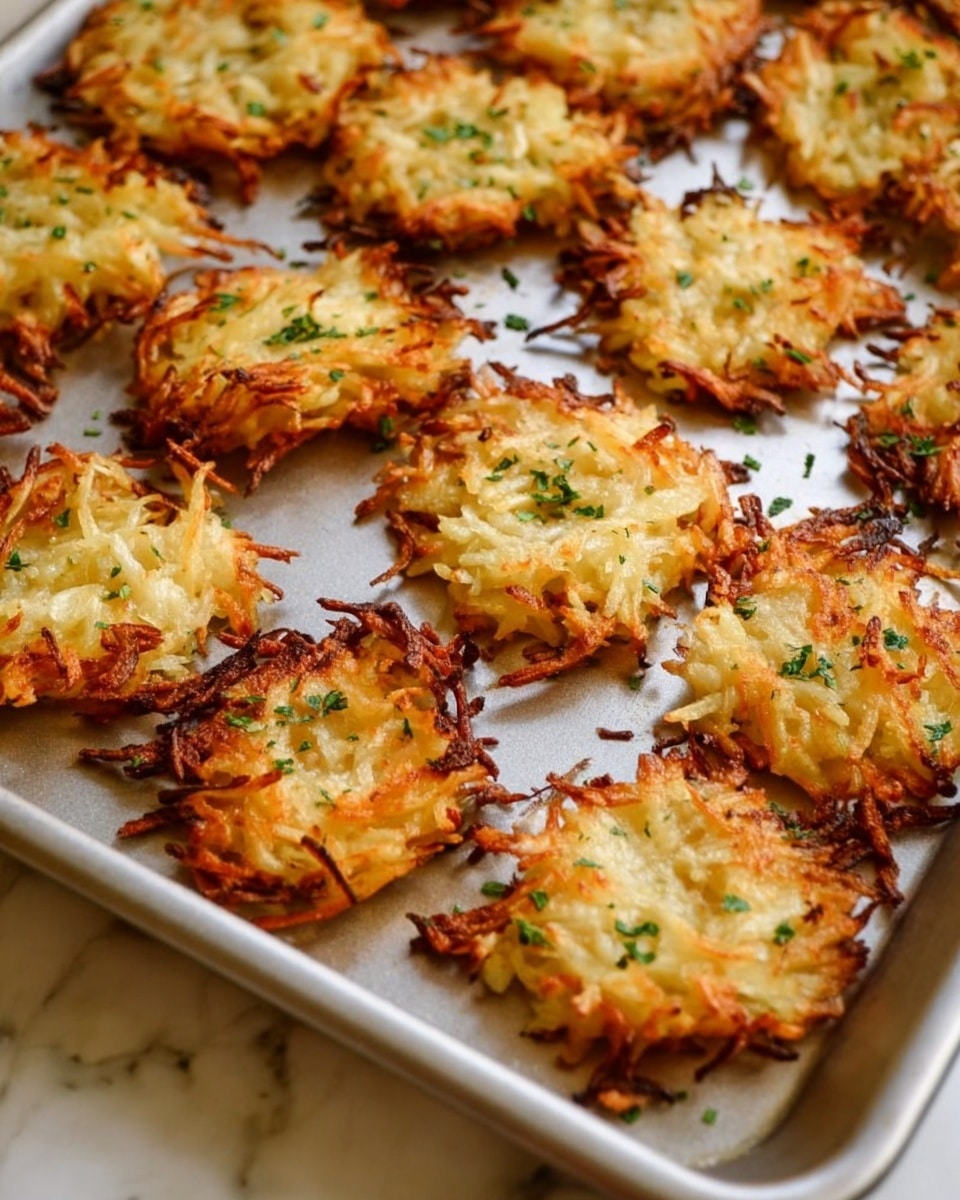 A silver baking tray filled with small, round potato latkes that are golden brown and crispy on the edges, with some darker spots where they are more cooked. The latkes have a rough texture from the shredded potatoes with some small green herbs sprinkled on top. They are spread out evenly across the tray with visible thin strands of potato sticking out from each one. The surface beneath the tray is a white marbled texture. Photo taken with an iphone --ar 4:5 --v 7
