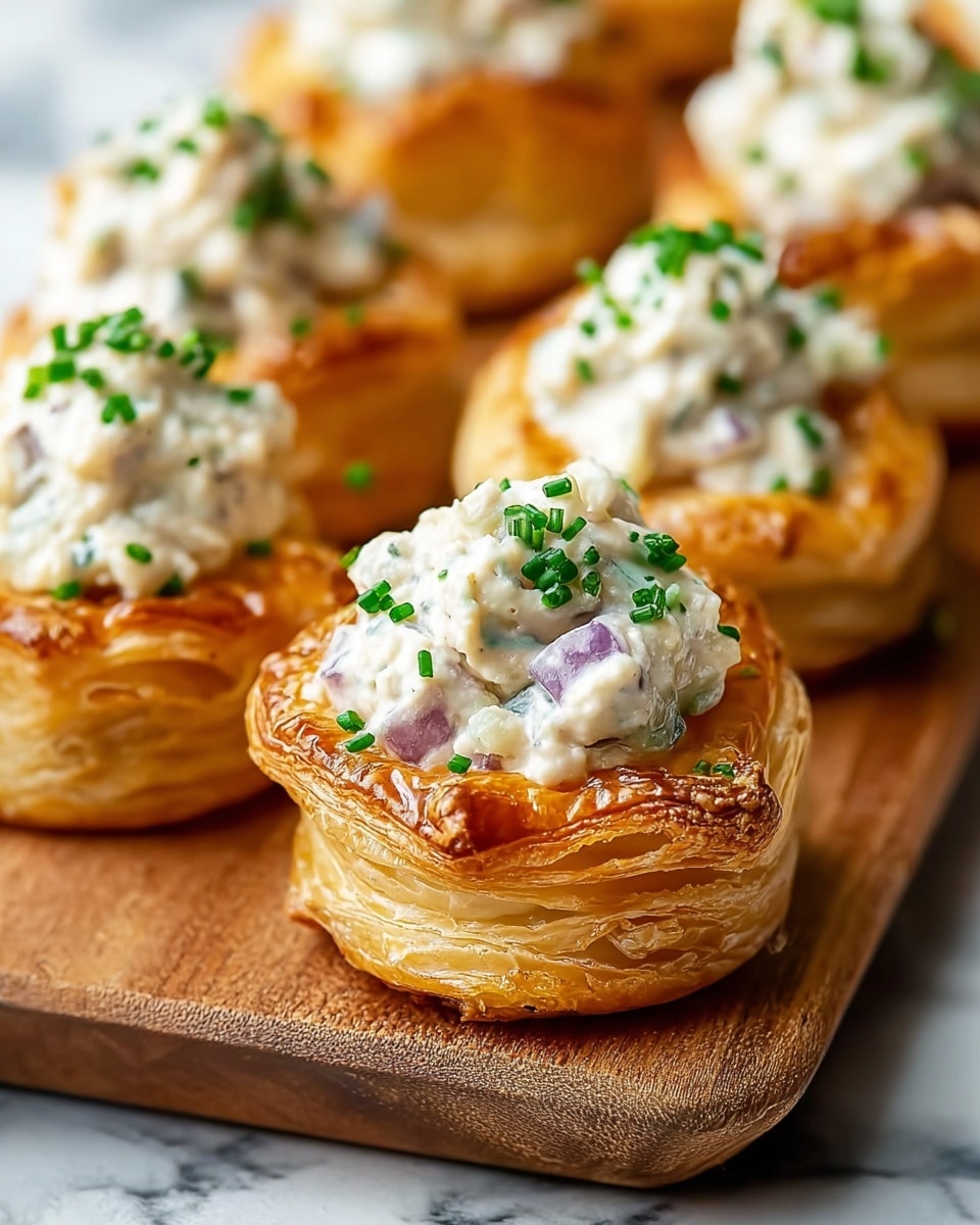 The image shows several puff pastry cups on a wooden board, each with two main layers: the base layer is a golden-brown, flaky, and crisp pastry with visible layers and a slightly glossy surface, and the top layer is a creamy white filling mixed with small purple onion pieces and garnished with chopped green chives sprinkled on top, creating a contrast in color and texture. The creamy mixture sits heaped in the center of each pastry cup, giving a soft and rich appearance against the crisp pastry. The background has a white marbled texture. Photo taken with an iphone --ar 4:5 --v 7