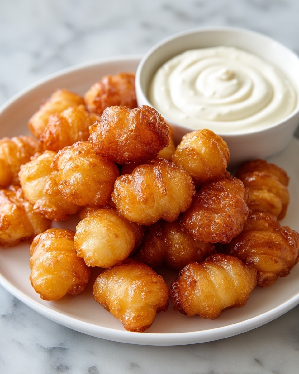 A close-up view of a white plate filled with many small, golden-brown fried rolls that have a bubbly, crispy texture on their surface. The rolls are layered unevenly, some stacked on others, showing their cylindrical shape and slightly twisted edges. To the upper right of the plate, there is a white bowl filled with creamy white dipping sauce, which has smooth and thick consistency. The whole scene is set on a white marbled surface. Photo taken with an iphone --ar 4:5 --v 7
