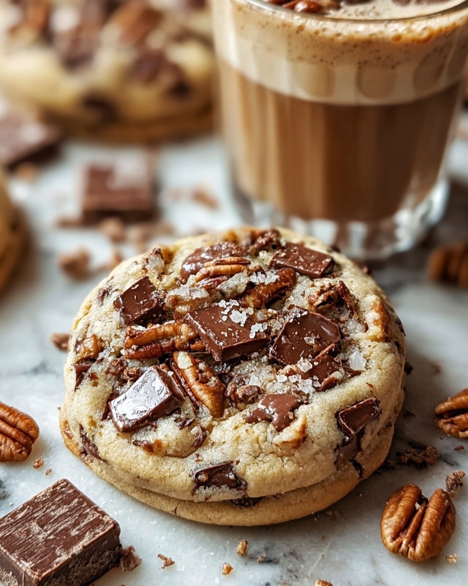 The image shows a close-up of a soft, thick cookie with a light golden-brown base that is dotted with large, melted chocolate chunks and toasted pecan pieces on top, creating a rough, textured surface. The cookie has a slightly cracked appearance, giving it a fresh-baked feel. In the back, there is a blurred, clear glass cup filled with a creamy brown drink, topped with more pecans and melting chocolate chunks. The scene is set on a white marbled surface with scattered chocolate pieces and pecans around. photo taken with an iphone --ar 4:5 --v 7