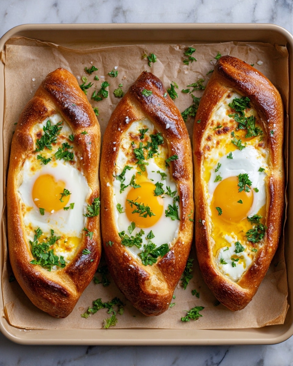 Three boat-shaped bread pieces with golden brown crust sit side by side on brown paper in a beige baking tray. Each bread has a single sunny-side-up egg in the center with bright yellow yolks and slightly firm whites. The yolks have a few small cracks where some egg white has spilled over the edges. Around the eggs in each bread, there is a layer of melted white cheese with some browned spots. Sprinkles of fresh green parsley leaves add color contrast on and around the breads. The tray is placed on a white marbled surface. photo taken with an iphone --ar 4:5 --v 7