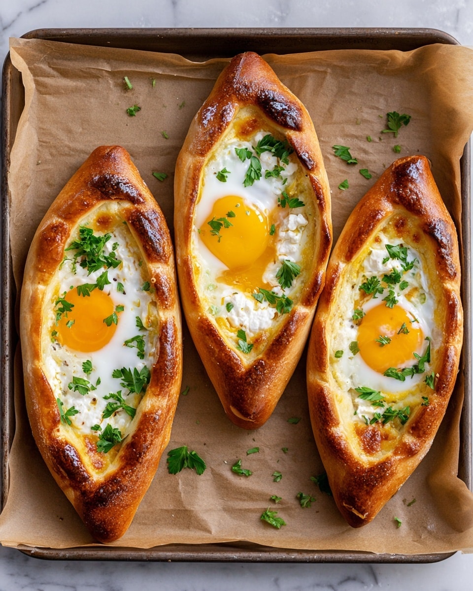 Three boat-shaped baked breads are placed side by side on brown parchment paper lining a baking tray. Each bread has a thick golden brown crust forming the boat shape, with a shiny surface and slight charring at the edges. Inside each bread is a layer of melted white cheese and a cooked egg with a bright orange-yellow yolk that looks soft and slightly runny. Small sprigs of fresh green parsley are scattered on the cheeses and eggs, adding a pop of color. The tray is set on a white marbled surface. photo taken with an iphone --ar 4:5 --v 7
