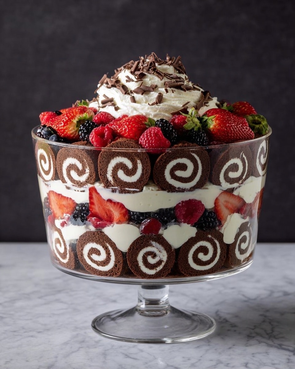 A tall glass trifle bowl sits on a white marbled surface, filled with three visible layers. The bottom layer consists of round, thin chocolate cake rolls with white cream spirals, neatly placed around the inside of the bowl. Next is a thick, creamy white layer filling the center, dotted with bright red strawberries and dark blackberries mixed throughout. Above this is a layer of whole fresh berries, including strawberries, blackberries, and raspberries, creating a colorful, textured look. The top layer is a thick swirl of white whipped cream, decorated with more fresh berries and thin chocolate shavings scattered on top. Photo taken with an iphone --ar 4:5 --v 7