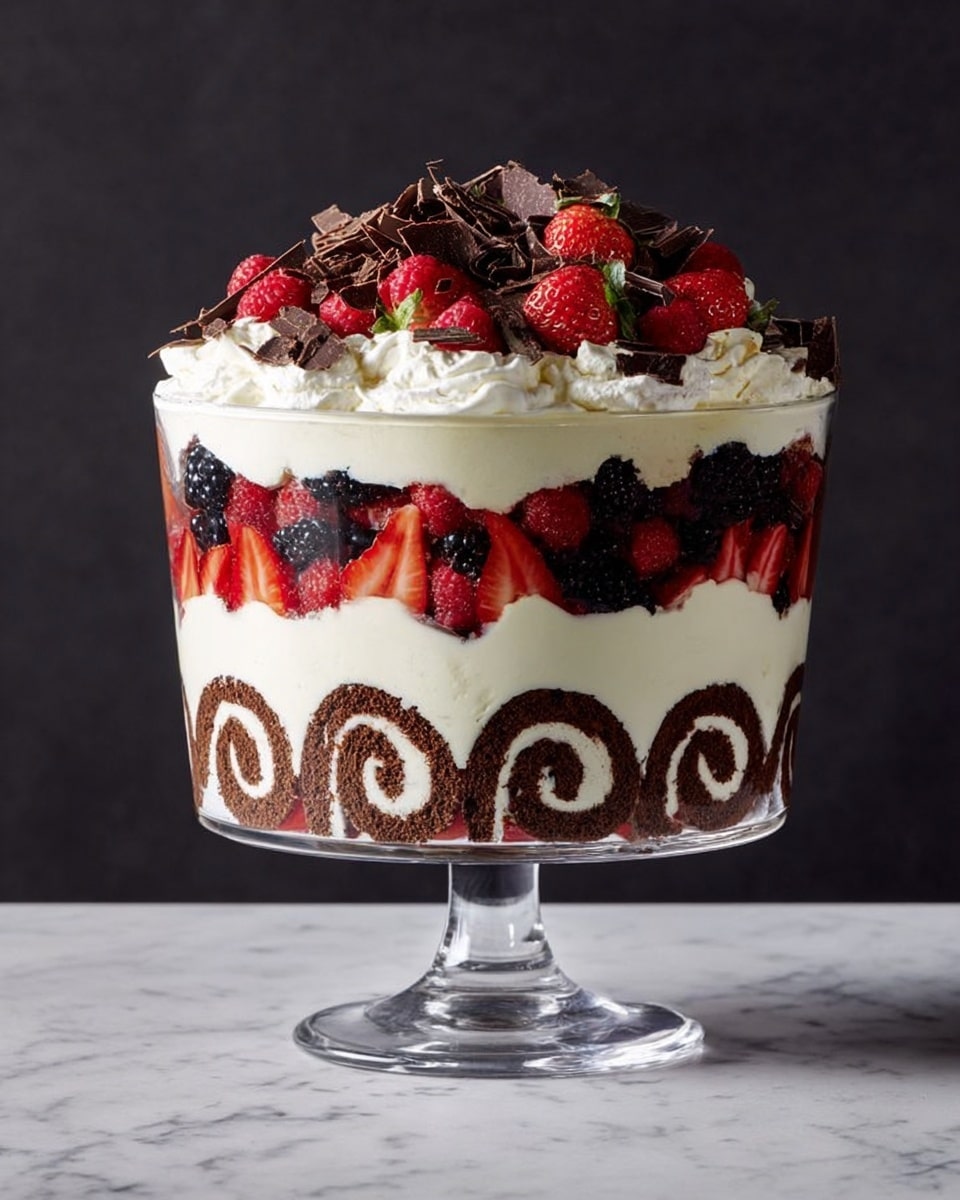 A tall, clear glass trifle bowl displays a dessert with three main layers. The bottom layer features circular chocolate and cream Swiss roll slices, forming a ring against the glass. Inside this ring is a smooth layer of white cream. Above this is a thick layer of mixed red and black berries with visible strawberries and blackberries, resting on another layer of creamy white filling. The top layer is whipped cream topped with fresh strawberries, blackberries, and thin dark chocolate shavings, all sitting against the white marbled surface background. photo taken with an iphone --ar 4:5 --v 7