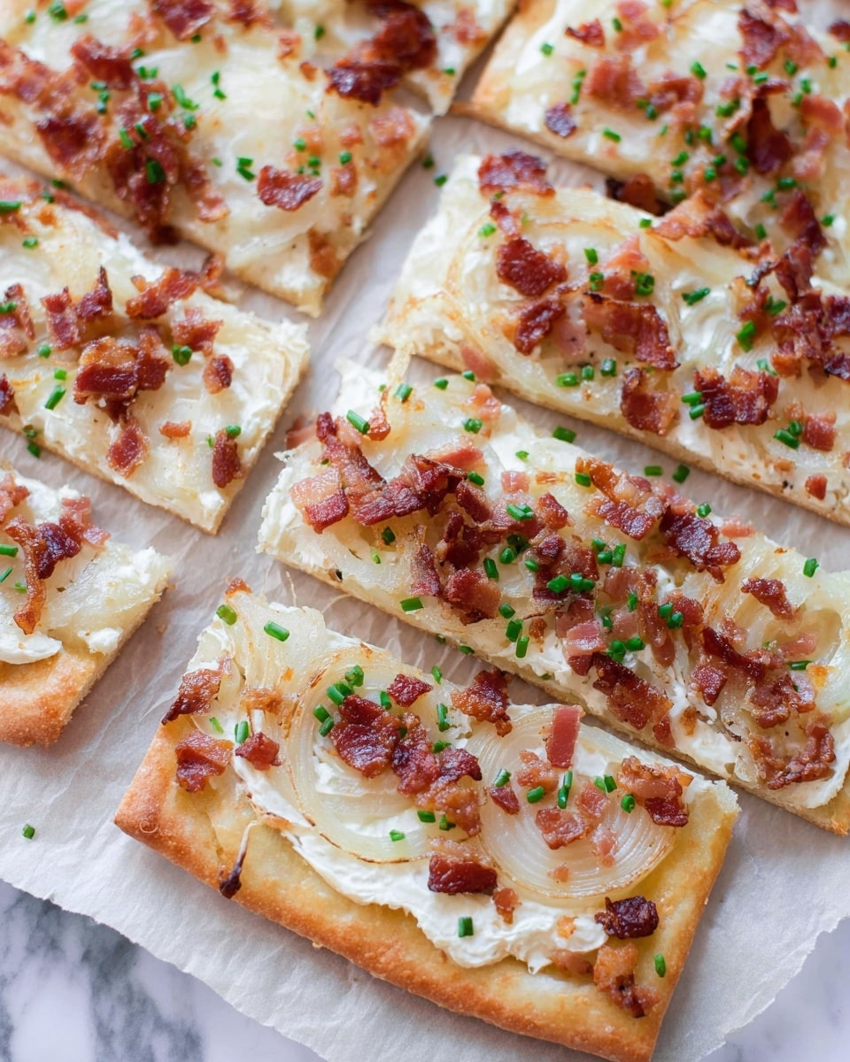 A close-up of several square slices of flatbread on top of parchment paper over a white marbled surface, each slice showing a thin, light golden crust base topped with a creamy white spread layer, thin rings of translucent white onions, small crispy browned bacon pieces scattered evenly, and tiny green chive pieces sprinkled on top, giving a mix of textures with the crunchy bacon and soft onions, all laid out neatly with visible edges and slight browning on the crust edges, photo taken with an iphone --ar 4:5 --v 7