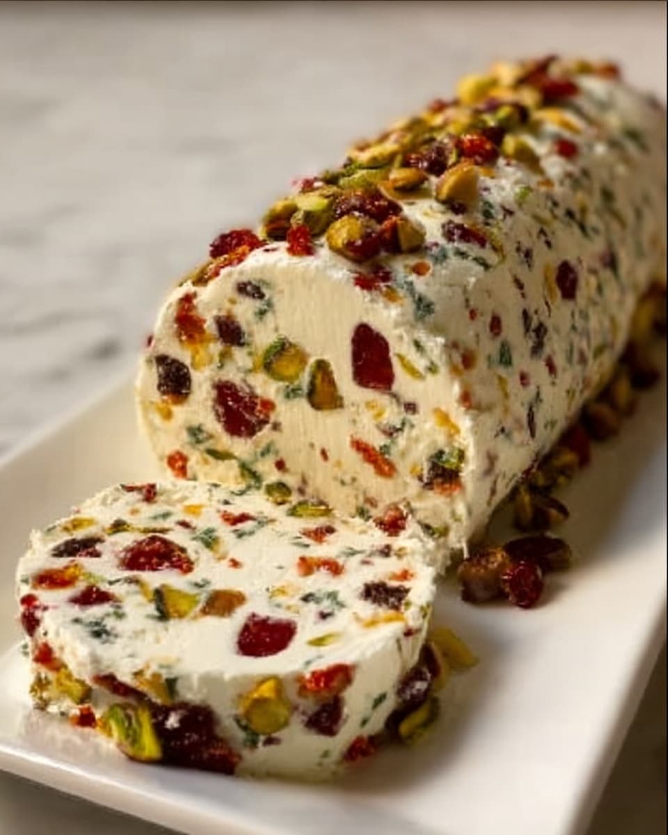 The image shows a close-up of a cheese log on a rectangular white plate, placed on a white marbled surface. The cheese log is thick with a slightly crumbly texture, filled evenly with green pistachios, red dried cranberries, and small bits of herbs scattered throughout. The outside layer of the cheese is creamy white, speckled with vibrant nuts and fruit pieces. The log is cut at an angle, revealing the colorful inside layers clearly. photo taken with an iphone --ar 4:5 --v 7