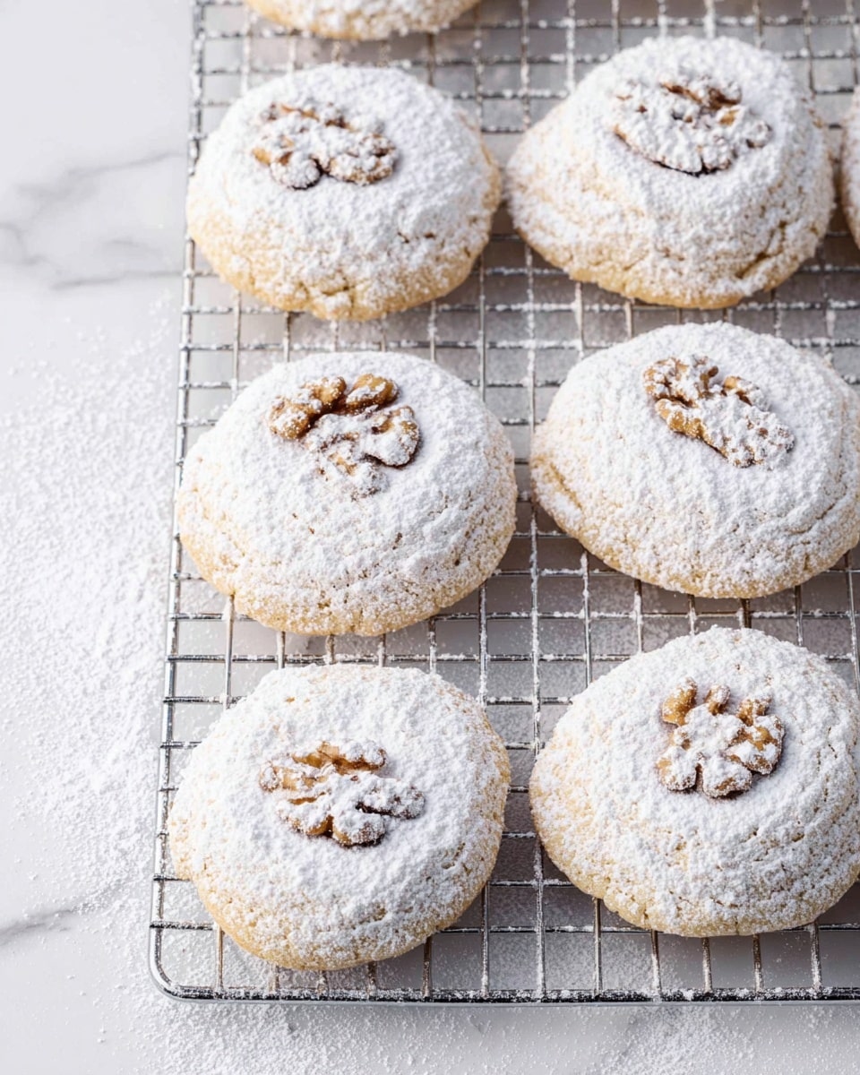 Seven round cookies rest on a metal cooling rack over a white marbled surface. Each cookie is pale golden-brown, topped with a whole walnut piece pressed slightly into the center. A thick layer of powdered sugar covers the top of every cookie, creating a snowy, textured look. The edges of the cookies are soft and slightly cracked, showing a tender crumb inside. The powdered sugar also dusts the surrounding white marbled surface around the rack, adding to the wintry, fresh-baked feel. Photo taken with an iphone --ar 4:5 --v 7