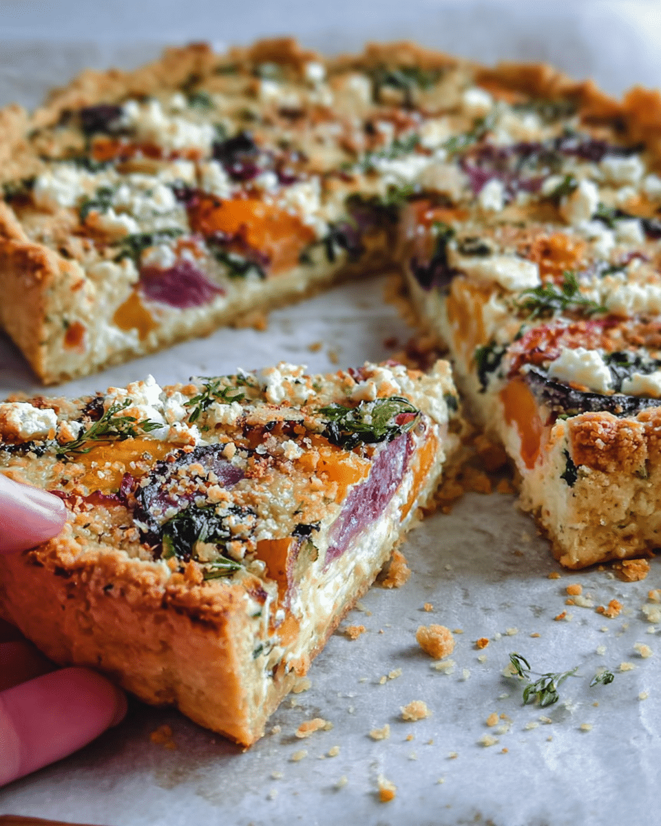 The image shows a cut savory tart placed on a sheet with a white marbled texture underneath. The tart has three main layers: a golden, crumbly crust with a slightly raised, thicker edge sprinkled with coarse crumbs on top; a colorful filling layer with visible chunks of orange and purple vegetables, green herbs, and crumbled white cheese scattered throughout; and a light creamy layer binding the filling together. One slice is separated from the rest, showing the thickness of the crust and filling clearly, and a woman's hand is holding this slice. Photo taken with an iphone --ar 4:5 --v 7