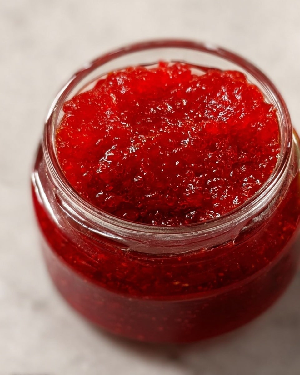 A close-up image shows a glass jar filled with a thick, bright red jam or jelly that has a slightly chunky texture. The jam's surface is glossy with small bubbles and uneven spots, giving it a fresh, homemade look. The glass jar is clear and round with a smooth rim, and it is placed against a white marbled texture background. Photo taken with an iphone --ar 4:5 --v 7