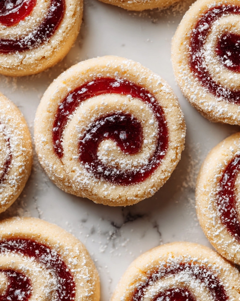The image shows several round cookies with two distinct layers. The bottom layer is light golden brown and crumbly, forming a firm base. The top layer is a shiny, deep red jam spiraled in a swirl pattern from the center outward, giving it a soft, spread texture. The entire cookie is dusted lightly with white powdered sugar, adding a fine, powdery texture on top. The cookies are placed closely together on a white marbled surface, and the overall look is neat and appetizing. photo taken with an iphone --ar 4:5 --v 7