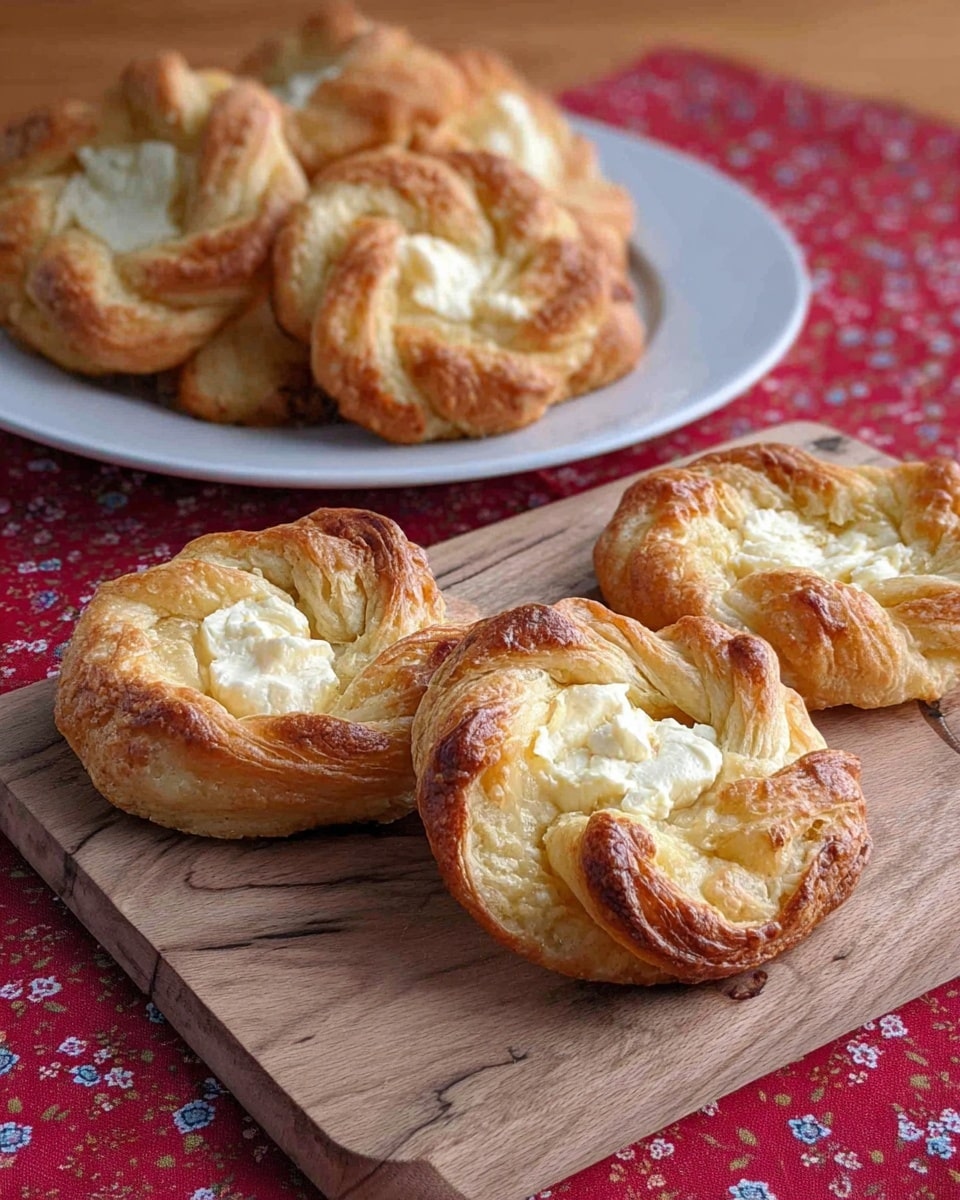 Three round breads with twisted edges and golden-brown crusts sit on a red cloth patterned with small white, yellow, and green flowers arranged in wavy lines. Each bread has a creamy white cheese filling in the center, which looks smooth and slightly melted. The breads are arranged vertically in a line, with the top bread showing a small twisted dough piece on top of the cheese. The texture of the bread is soft and fluffy, with some browning on the folds. The photo taken with an iphone --ar 4:5 --v 7