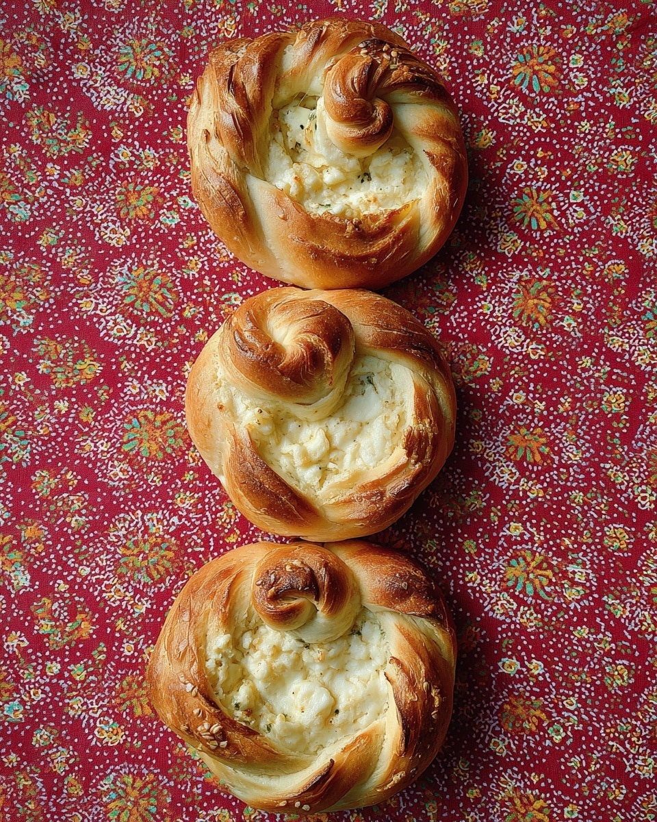 The image shows several golden-brown pastries with a twisted edge and a creamy white filling in the center. There are three pastries placed on a wooden cutting board with visible grain and knots, while a white plate holds more pastries in the background. The pastries have a flaky texture with darker browned spots at the folds and edges. The surface beneath the plate and cutting board is covered by a red cloth with a small floral pattern. Photo taken with an iphone --ar 4:5 --v 7