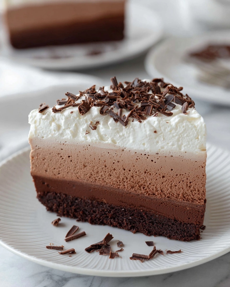 A slice of layered chocolate mousse cake sits on a white plate with fine vertical lines. The dessert has three visible layers: a dense, dark chocolate base at the bottom, a thick middle layer of light brown, creamy chocolate mousse with small air holes, and a top layer of smooth white whipped cream. The whipped cream is decorated with dark chocolate shavings scattered richly on its surface and a few pieces fallen on the plate. In the background, there is another white plate with a similar slice of cake, all set on a white marbled texture. photo taken with an iphone --ar 4:5 --v 7
