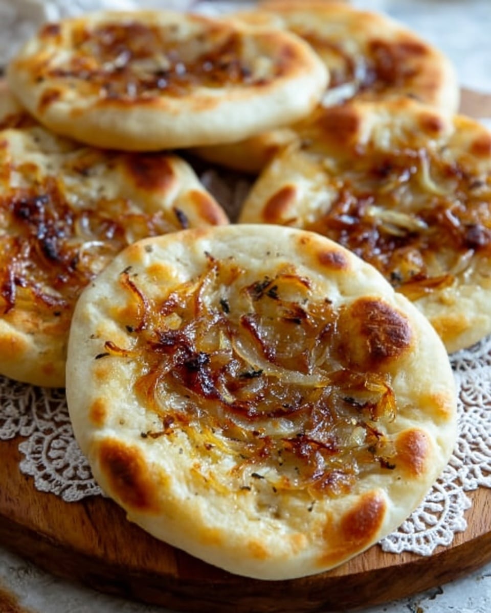 The image shows a close-up of several small round flatbreads, each with a golden-brown crust and caramelized onion pieces on top. The flatbreads have a soft, slightly puffy texture with some darker toasted spots, and the onions add a shiny, slightly crispy layer scattered unevenly across the surface. They are placed on a white doily over a wooden board, all set on a white marbled surface. The overall look is warm and inviting, with the focus on the layers and textures of the bread and onions. Photo taken with an iphone --ar 4:5 --v 7