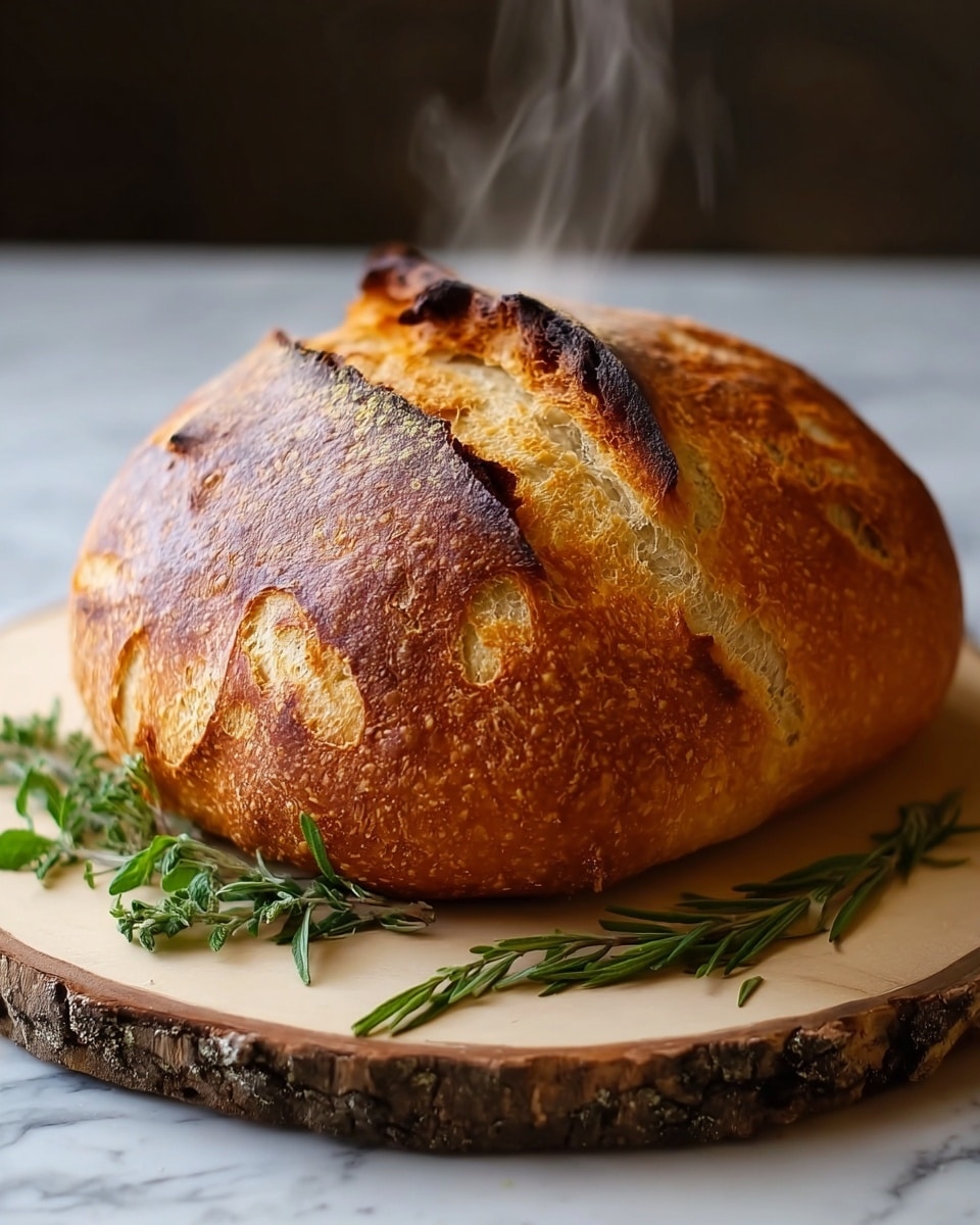 A single round loaf of bread with a golden brown, crispy crust sits on a white wooden board with natural bark edges. The bread has deep cracks and a rough textured surface with a few darker brown spots on top. Light steam rises from the freshly baked bread, showing it is hot. Around the base of the loaf, a few fresh green herb sprigs lie, adding a fresh touch. The background is a soft white marbled texture, making the warm colors of the bread stand out. photo taken with an iphone --ar 4:5 --v 7