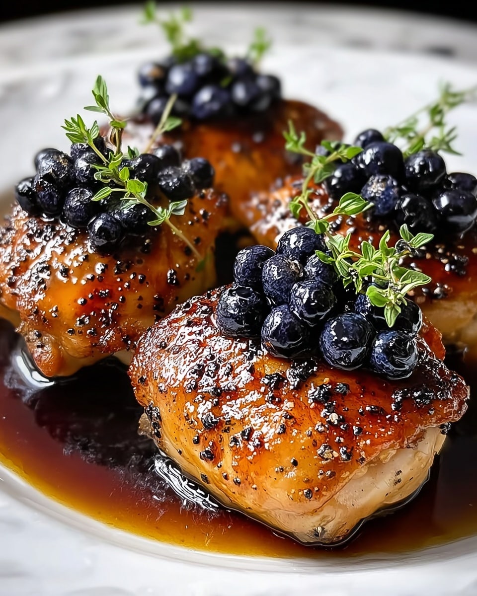 The image shows three pieces of grilled chicken thighs with a golden brown and slightly charred surface covered with small black pepper bits. Each chicken piece is topped with a cluster of shiny dark blue blueberries and a small green herb sprig, likely thyme. The chicken sits in a rich dark brown glaze that pools on a white plate underneath and around the pieces. The plate is placed on a white marbled texture surface. photo taken with an iphone --ar 4:5 --v 7