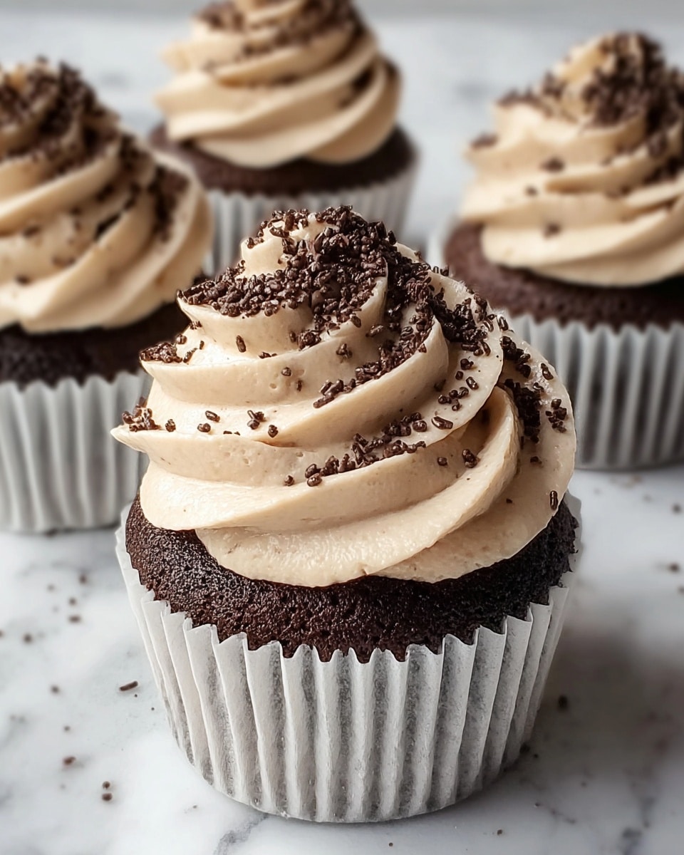 The image shows four chocolate cupcakes on a white marbled surface, each with one visible layer of dark brown, soft, moist cake topped with a thick swirl of light beige creamy frosting. The frosting is piped in a spiral, building up into a peak with rough, crumbly dark chocolate sprinkles scattered on top and around the frosting's edges. The cupcakes are in white paper liners with vertical ridges. The focus is on the cupcake in the front center, with the others slightly blurred in the background. photo taken with an iphone --ar 4:5 --v 7