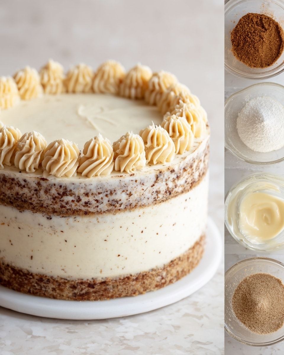 The image shows a layered cake with three visible layers: the bottom cake layer is medium brown with some texture, the middle layer is thick and creamy white frosting, and the top cake layer is thinner and covered with a thin, light brown speckled frosting giving a semi-naked effect. Around the top edge, there are evenly spaced piped cream swirls with a light brown tint. The cake sits on a white plate against a white marbled textured surface. The photo taken with an iphone --ar 4:5 --v 7