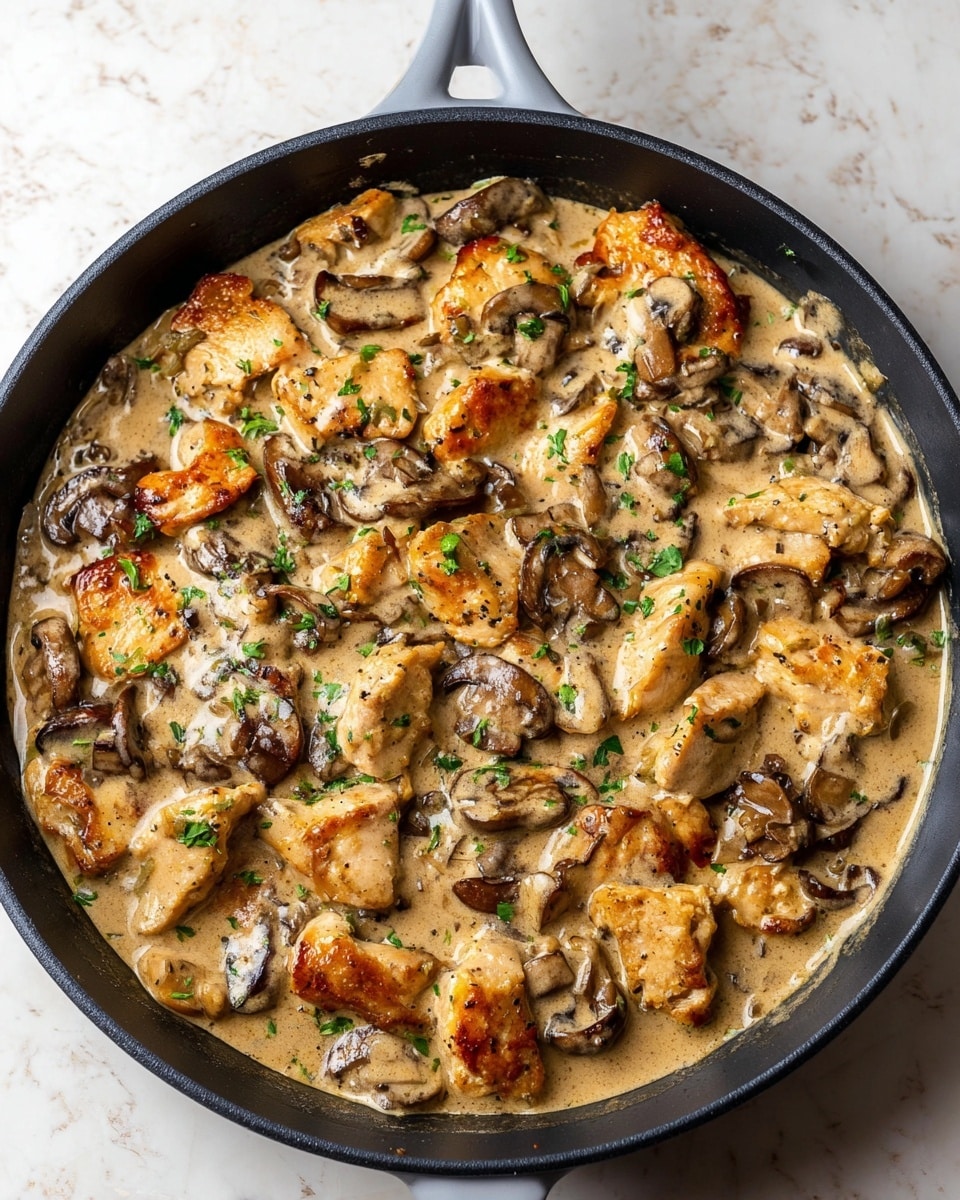 A black skillet filled with a creamy mushroom and chicken dish, showing about two layers: the first layer has golden-brown seared chicken pieces of irregular shape and size with a slightly crispy texture, scattered throughout the pan; the second layer is a rich, light brown creamy sauce mixed with cooked dark brown mushroom slices, adding texture and earthiness. The dish is garnished with small bits of green herbs sprinkled across the surface. The skillet handle is seen in light grey, all placed on a white marbled surface photo taken with an iphone --ar 4:5 --v 7