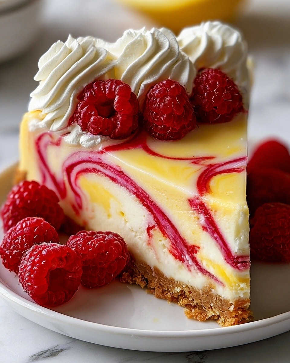 A slice of cheesecake sits on a white plate over a white marbled texture, featuring three distinct layers: a crumbly light brown crust at the bottom, a thick yellow cream cheese layer with smooth red swirls that create a marbled effect, and a topping of white whipped cream with swirled peaks. Fresh red raspberries are placed both on top of the whipped cream and around the base of the slice, adding contrasting bright color and texture. photo taken with an iphone --ar 4:5 --v 7