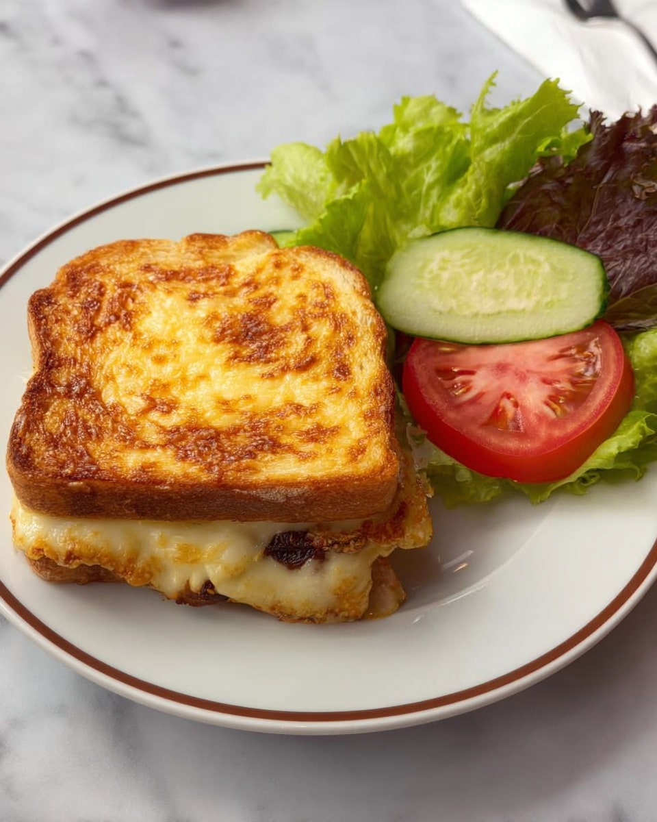 A toasted sandwich with two layers of bread, each covered with melted, golden-brown cheese, showing slight browning on the edges; the bottom layer has a visible layer of grilled or cooked filling. On the side of the white plate with a thin brown rim, fresh, green lettuce leaves hold a thick slice of cucumber topped with a light, creamy dressing, and a slice of ripe red tomato. The plate sits on a white marbled texture. Photo taken with an iphone --ar 4:5 --v 7