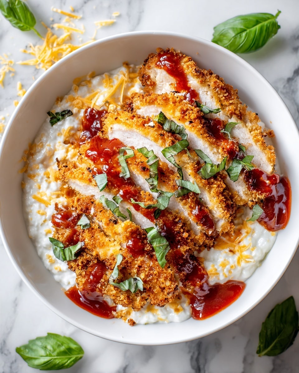 A white bowl filled with a base layer of creamy white cottage cheese, topped with several slices of golden brown crispy breaded chicken arranged neatly in the center. The chicken is drizzled with bright red sauce, and sprinkled with thin shreds of light yellow cheese and fresh green basil leaves chopped finely and scattered over the dish. Around the bowl, there are a few whole basil leaves added for decoration, all set on a white marbled surface. photo taken with an iphone --ar 4:5 --v 7