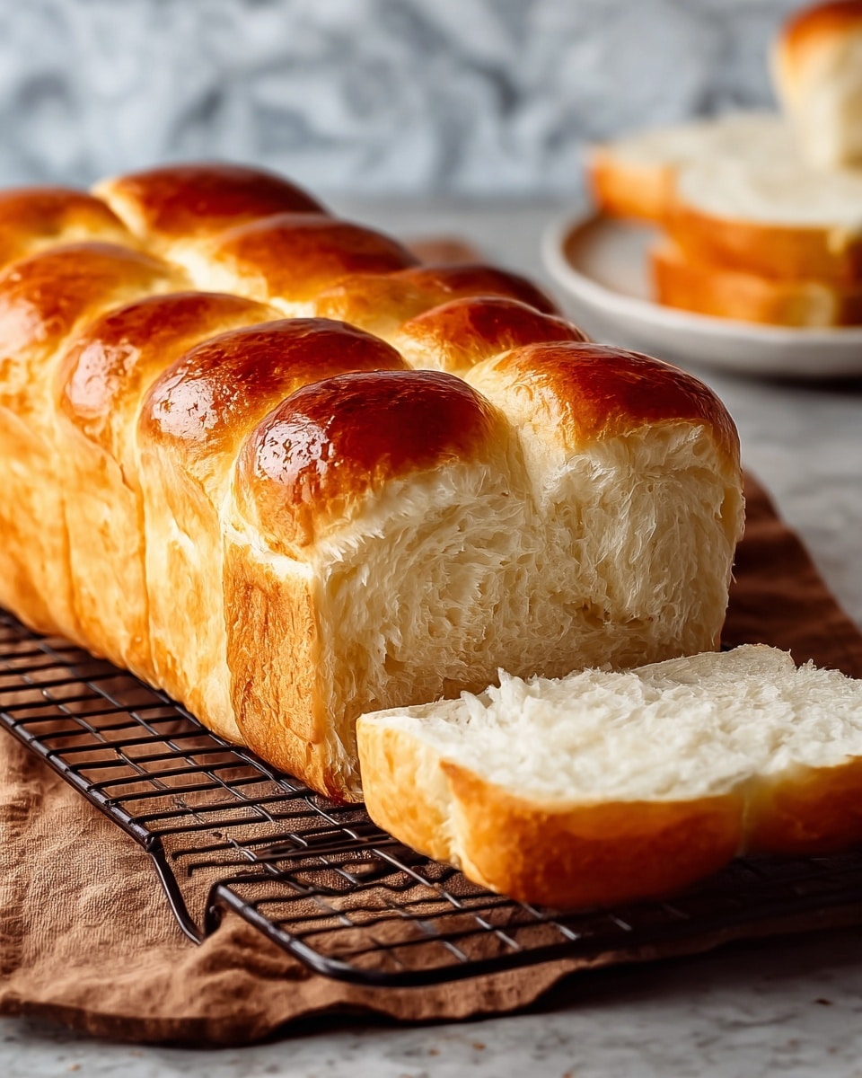 A loaf of bread sits on a dark wire rack over a brown cloth, with a slice lying flat in front showing a soft, airy white inside with a golden-brown crust. The loaf is made of several shiny, fluffy golden-brown pieces connected side by side in two rows, each piece puffed up with a slightly glossy, smooth top. The background shows a blurred white plate with another piece of bread against a white marbled surface. photo taken with an iphone --ar 4:5 --v 7