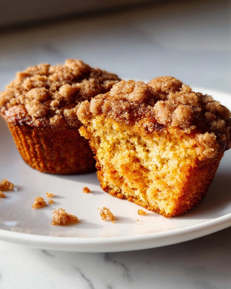 The image shows two crumb-topped muffins on a white plate placed on a white marbled surface. One muffin is whole with a golden brown crumbly top that has a rough texture. The other muffin is cut in half, revealing a soft and moist interior with a warm orange color mixed with lighter brown spots. The crumb topping is thick and generously covers the muffin tops with chunks of different sizes. There are a few small crumbs scattered on the plate around the muffins. The lighting highlights the texture and color contrasts between the crumb topping and the soft inside. photo taken with an iphone --ar 4:5 --v 7