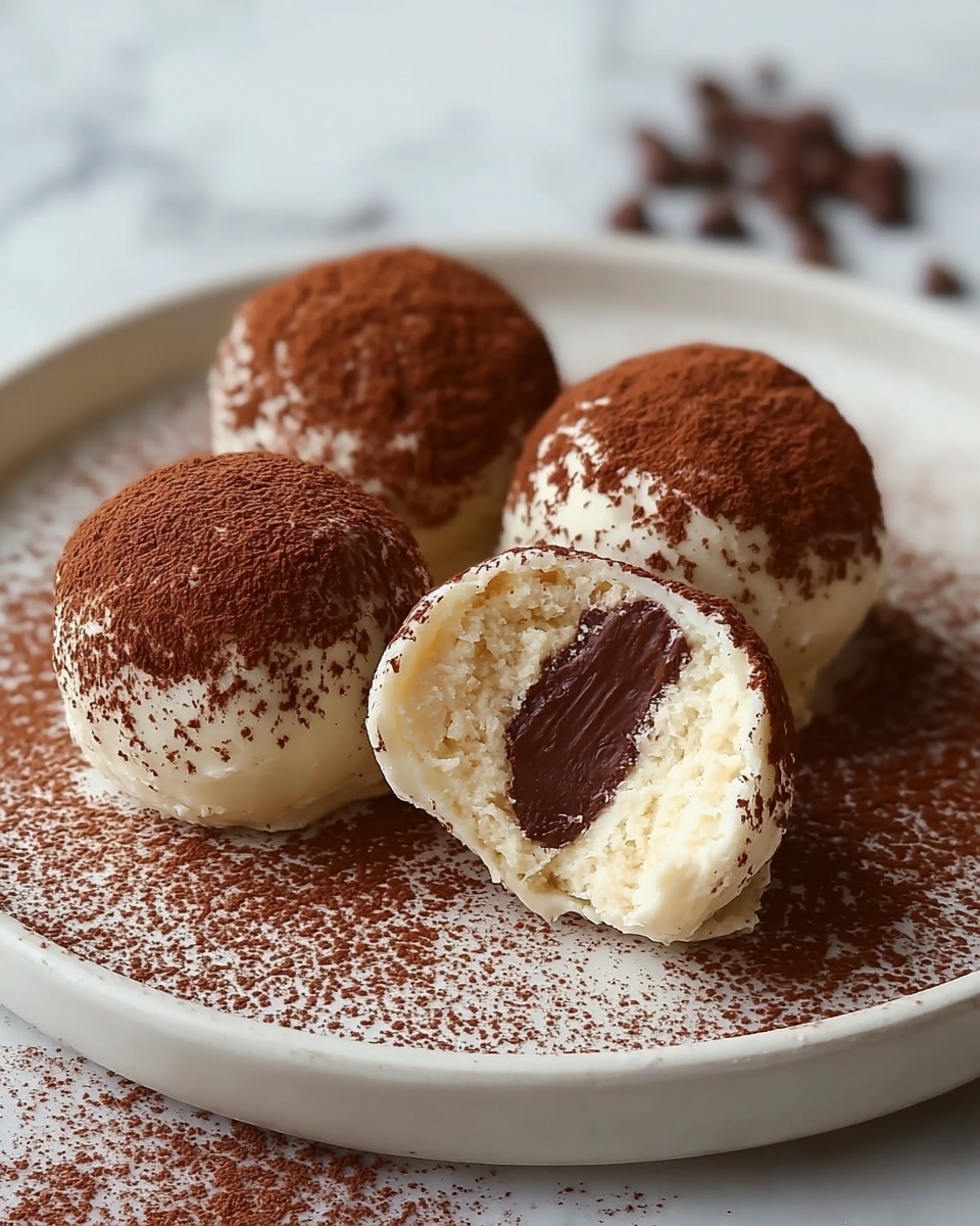 Four round dessert balls sit on a white plate with cocoa powder sprinkled around them. Each ball has three layers: the outer layer is white and smooth, covered lightly with a dusting of dark brown cocoa powder, the middle layer is soft and creamy white, and the center has a small round dark brown filling. Two of the balls are bitten into, showing the creamy layers inside with a bit of crumbly texture. The surface under the plate is a white marbled texture. photo taken with an iphone --ar 4:5 --v 7