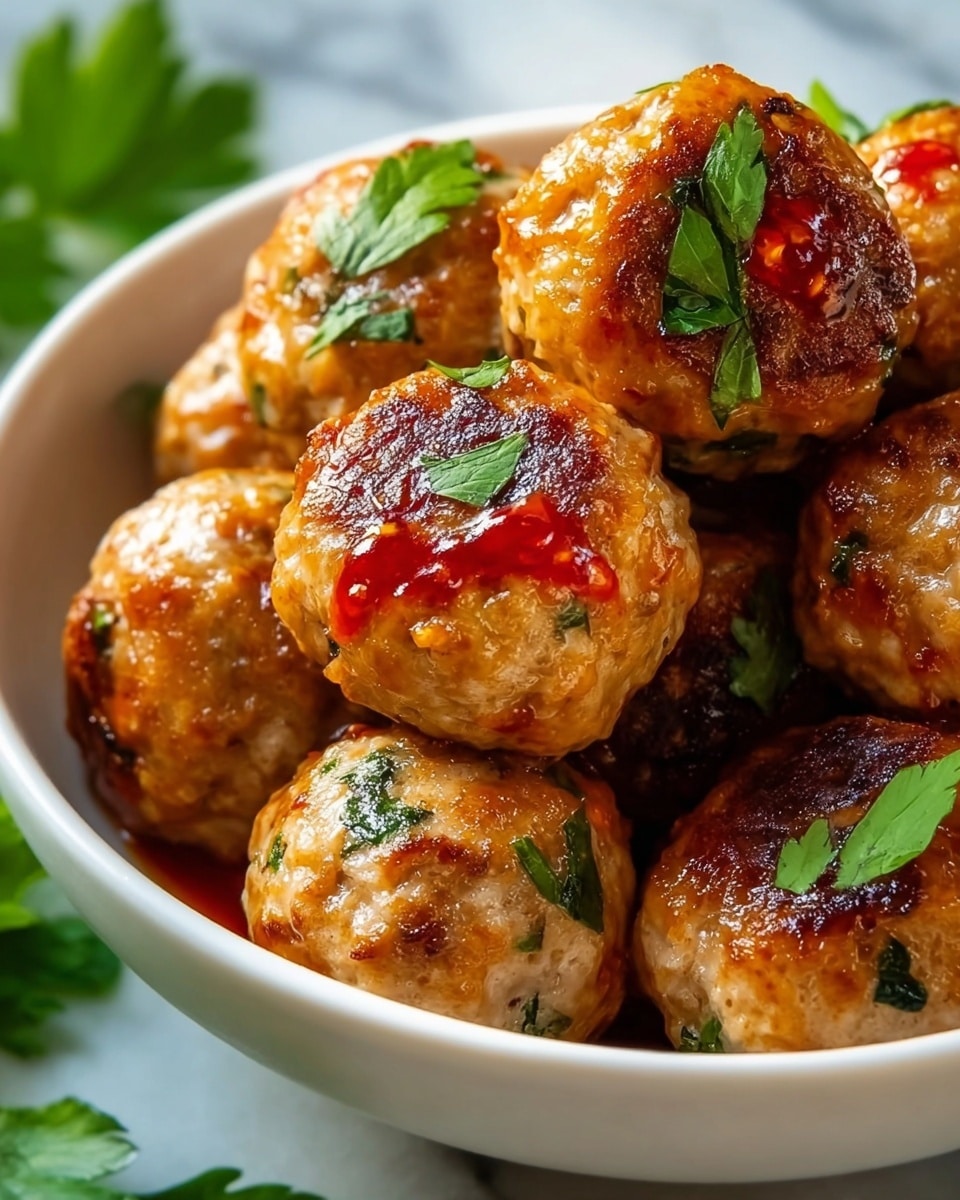 A close-up view of a white bowl filled with about ten golden-brown meatballs that have a slightly crispy texture on top. Each meatball shows small green herb pieces mixed inside, and a thin shiny layer of red chili sauce is drizzled over them. Fresh green herb leaves are scattered on each meatball, adding a fresh contrast to the warm tones. The bowl rests on a white marbled surface with a soft focus of green leaves in the background. photo taken with an iphone --ar 4:5 --v 7