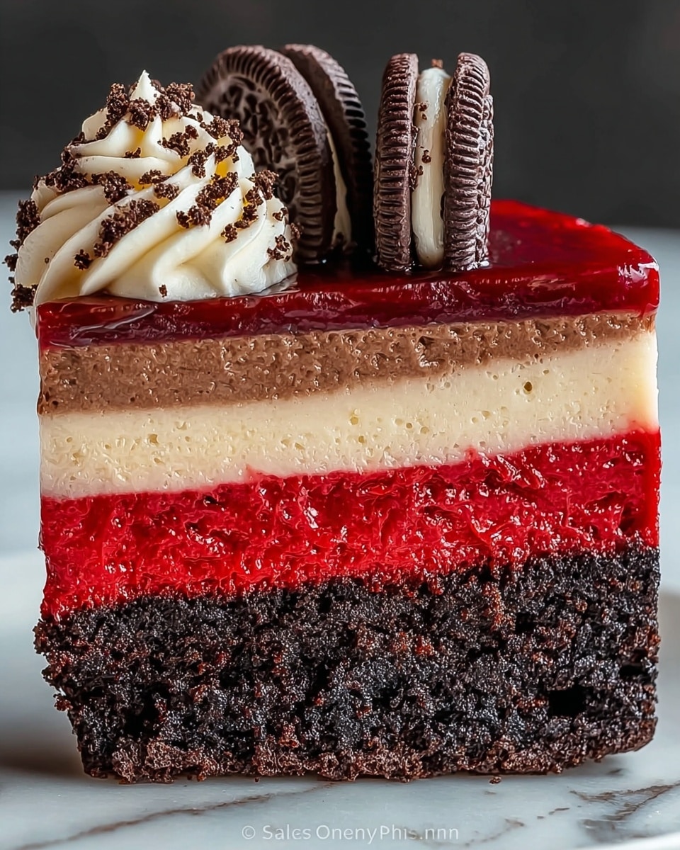 A slice of layered cake with five distinct layers sits on a white marbled surface, each layer showing a different texture and color. The bottom layer is a dark, crumbly crust, followed by a thick layer of bright red creamy filling. Above that is a crumbly dark brown chocolate cake layer, topped by a smooth, pale creamy layer. The top is covered with a shiny, deep red glaze. On top, two Oreo cookies are placed vertically into a swirl of white cream, which is sprinkled with small chocolate crumbs. Photo taken with an iphone --ar 4:5 --v 7