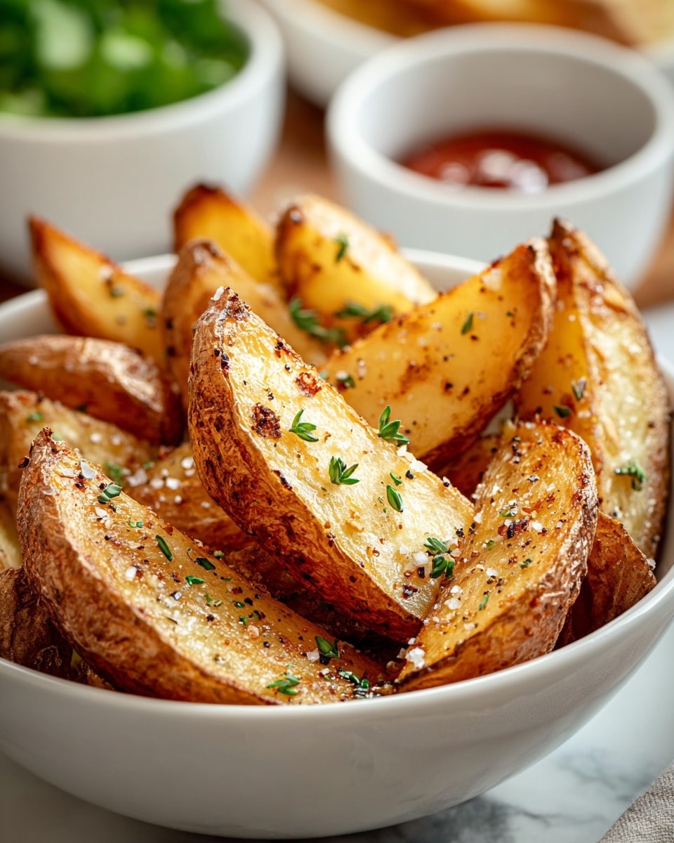 A white bowl filled with several potato wedges, each with a crispy light brown skin and a golden, slightly rough-textured inside, sprinkled with coarse salt, black pepper, and small green herb leaves, all giving a well-roasted, crunchy appearance; in the background, slightly blurred, is a white bowl with green leafy garnish and another white bowl with a reddish sauce, all placed on a white marbled surface. photo taken with an iphone --ar 4:5 --v 7