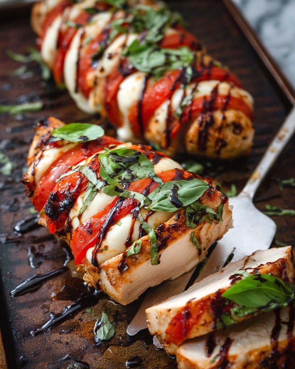 The image shows three thick pieces of chicken breast sliced partially through and layered with alternating pieces of red tomato and white melted cheese, arranged in a row on a dark grill pan with grill marks. Each chicken piece is topped with fresh green basil leaves and drizzled with a dark balsamic glaze, giving a shiny look. The chicken is golden brown with some charred spots visible. The background features a white marbled texture, and a silver serving spatula is sliding under the middle chicken piece. photo taken with an iphone --ar 4:5 --v 7