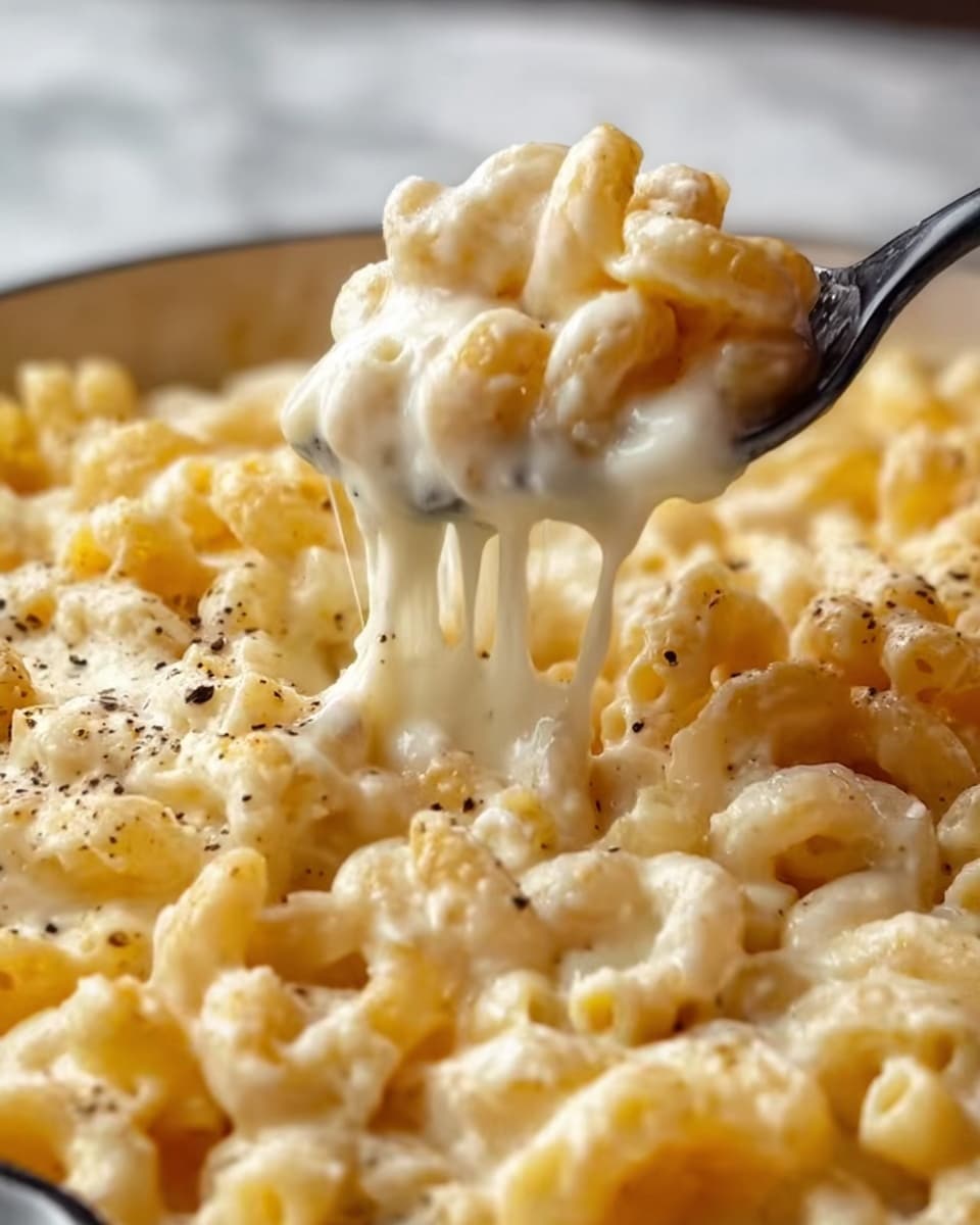 The close-up image shows creamy macaroni and cheese with small elbow pasta covered in a thick white cheese sauce. The cheese is stretchy and gooey, pulled up with a spoon revealing its smooth, melty texture. There are small black pepper specks scattered on top of the macaroni, adding contrast to the creamy yellow shades of the pasta and sauce. The background is a white marbled surface, and part of a white cooking dish is visible on the edges. Photo taken with an iphone --ar 4:5 --v 7