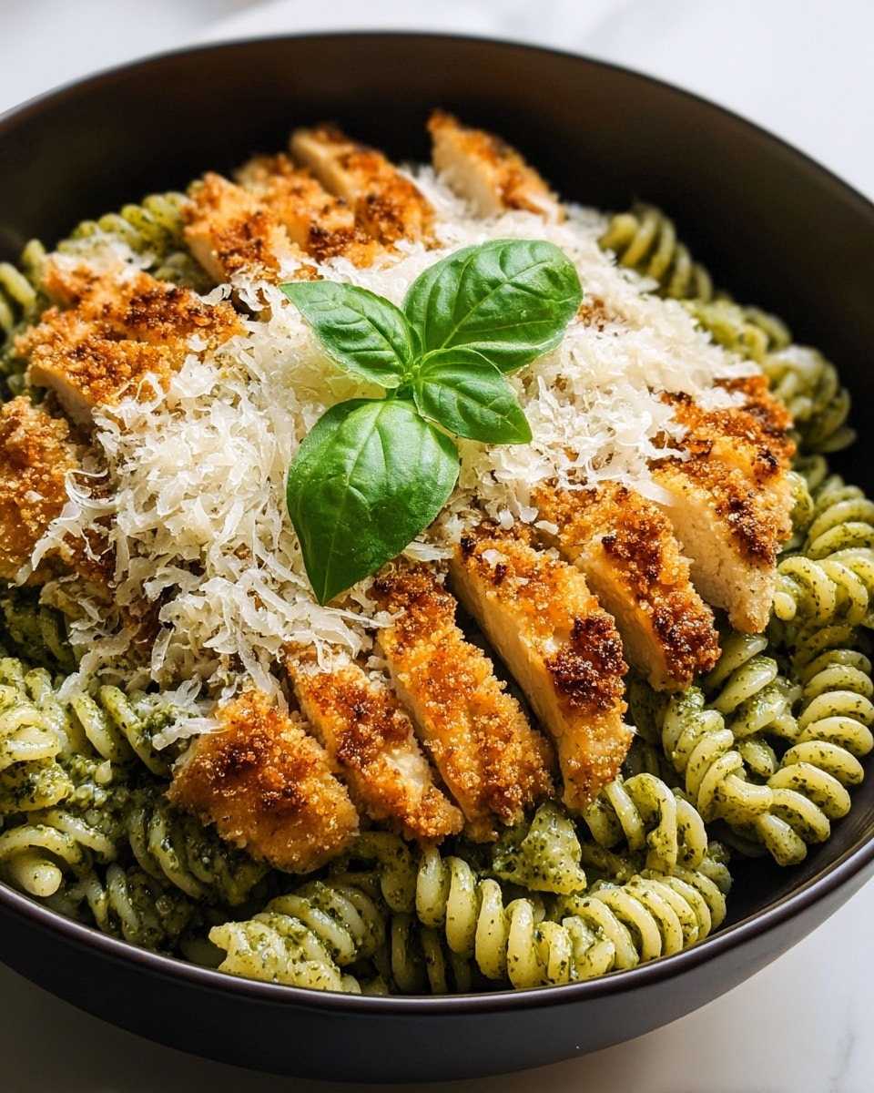 A dark bowl holds a dish with three clear layers. The bottom layer is a bed of green pesto-coated rotini pasta, curly and shiny. On top of the pasta is a second layer of sliced crispy breaded chicken, golden brown with a crunchy texture. The uppermost layer is a sprinkle of finely grated white cheese covering the chicken partly. A fresh green basil leaf sits in the center for decoration. The bowl rests on a white marbled surface. photo taken with an iphone --ar 4:5 --v 7