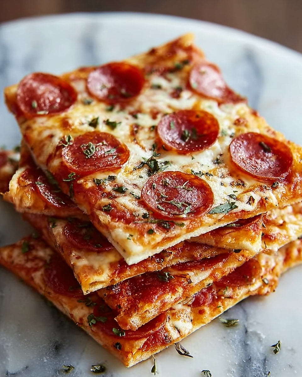 A stack of four folded slices of pepperoni pizza is placed on a white marbled surface. Each slice shows a thin, golden crust with melted cheese on top, dotted with round, reddish-brown pepperoni slices. The edges of the crust are light brown, while the cheese layer appears slightly browned and bubbly. Sprinkles of green herbs are scattered on the cheese, adding color contrast. The interior layers reveal a rich red tomato sauce beneath the cheese and pepperoni, visible where the slices are slightly separated. The overall texture highlights the softness of the melted cheese and the crispiness of the crust. photo taken with an iphone --ar 4:5 --v 7