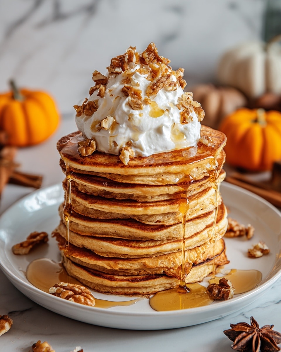 A stack of seven golden brown pancakes sits on a white plate, each pancake thick and fluffy with a slightly uneven edge showing a homemade texture. On top of the stack is a large dollop of white whipped cream, soft and airy, crowned with crunchy walnut pieces and light amber syrup slowly dripping down the sides of the pancakes. The syrup pools around the base with a glossy shine. Around the plate are scattered walnut halves and a star anise, with a blurred white marbled surface and small pumpkins in the background adding a seasonal touch. Photo taken with an iphone --ar 4:5 --v 7