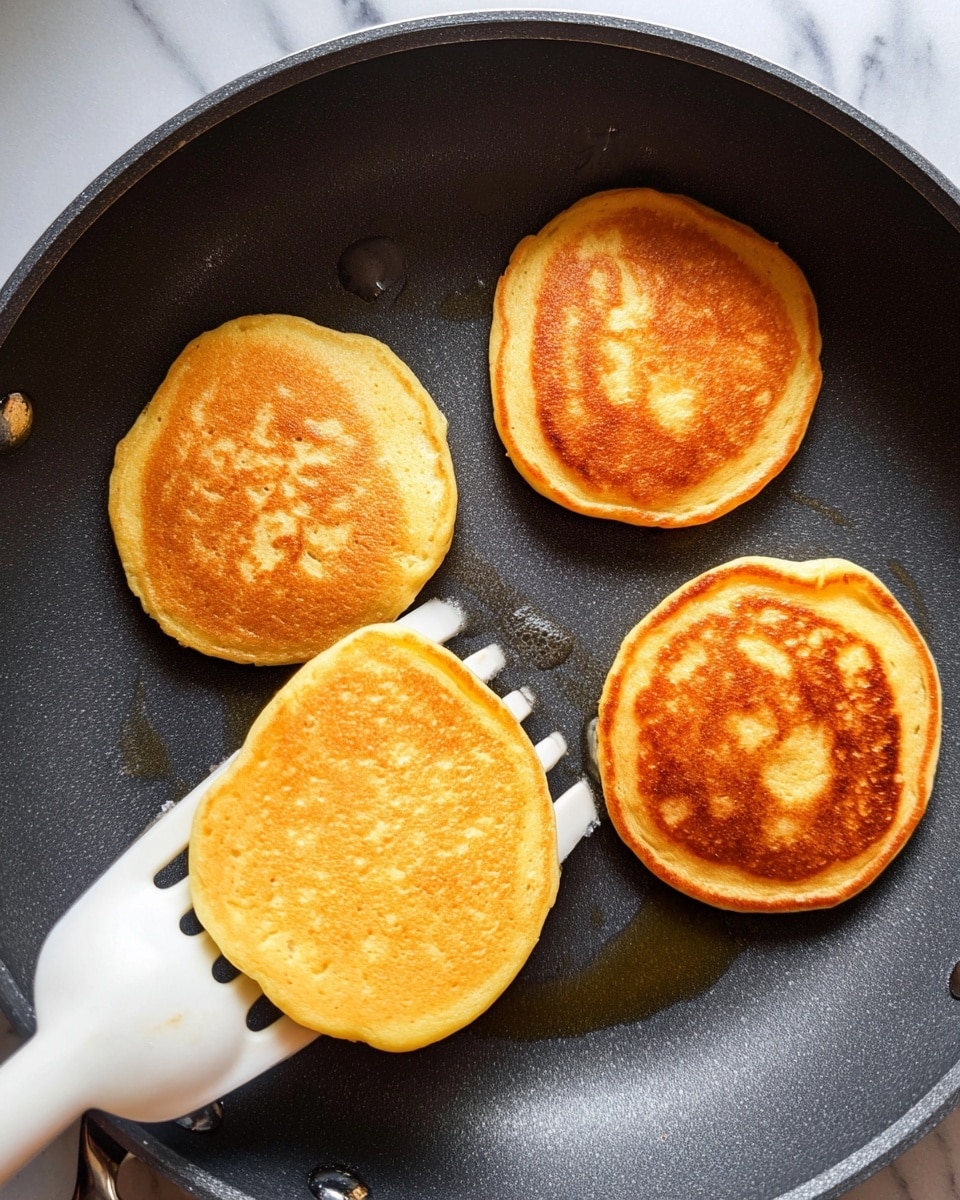 Four golden brown pancakes are cooking in a dark non-stick pan. One pancake is being lifted with a white spatula, showing its cooked side with a few darker brown spots, while the other three pancakes remain in the pan, each perfectly round and evenly cooked with a smooth, slightly fluffy texture. The pan surface has some shiny spots from cooking oil. The background is a white marbled texture. photo taken with an iphone --ar 4:5 --v 7