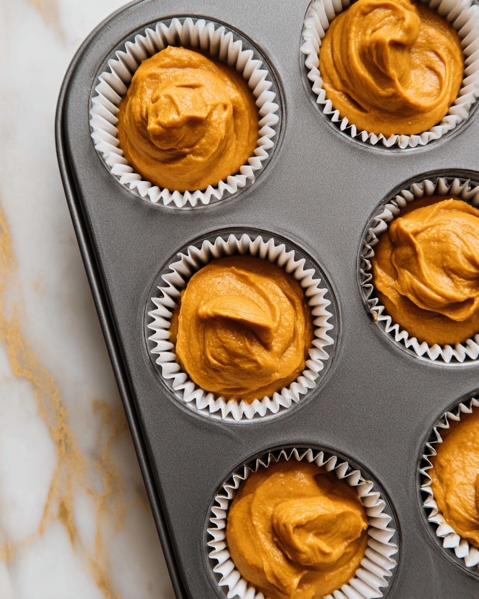 A close-up view of six cupcake liners filled with thick, smooth pumpkin-orange batter inside a dark gray metal muffin tray. Each liner is white and slightly crinkled, holding a single portion of batter with visible swirls on top, creating soft peaks and rounded shapes. The tray is set on a white marbled surface with golden streaks, adding a subtle shine and texture to the background. Photo taken with an iphone --ar 4:5 --v 7