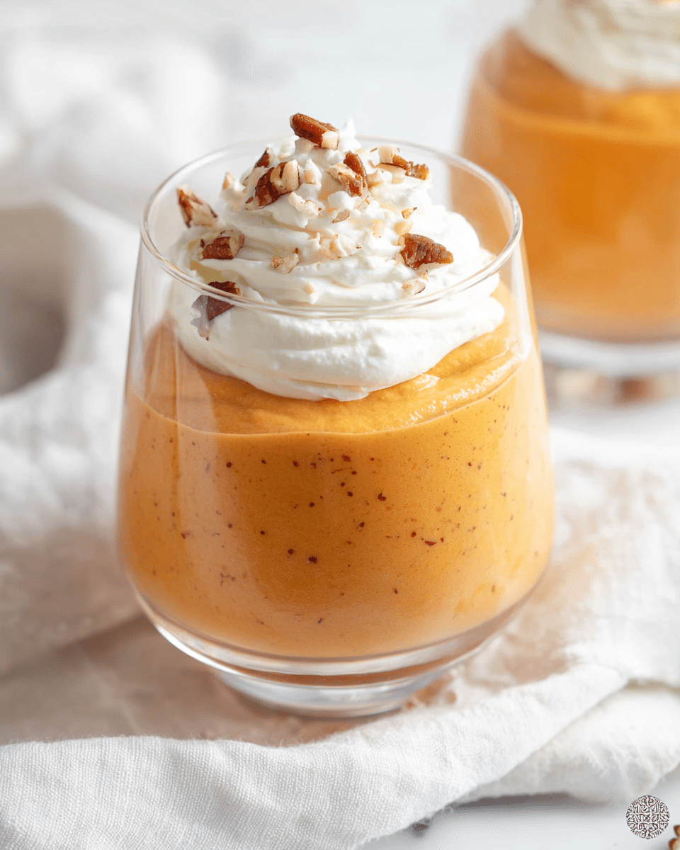 A clear glass holds two layers: the bottom and main layer is a smooth, thick orange mousse with tiny darker specks visible throughout, giving it a creamy texture. On top of this mousse is a swirl of white whipped cream, which looks light and fluffy, sprinkled with small pieces of chopped brown pecans. The glass sits on a white cloth over a white marbled surface, with another similar glass blurred in the background. photo taken with an iphone --ar 4:5 --v 7