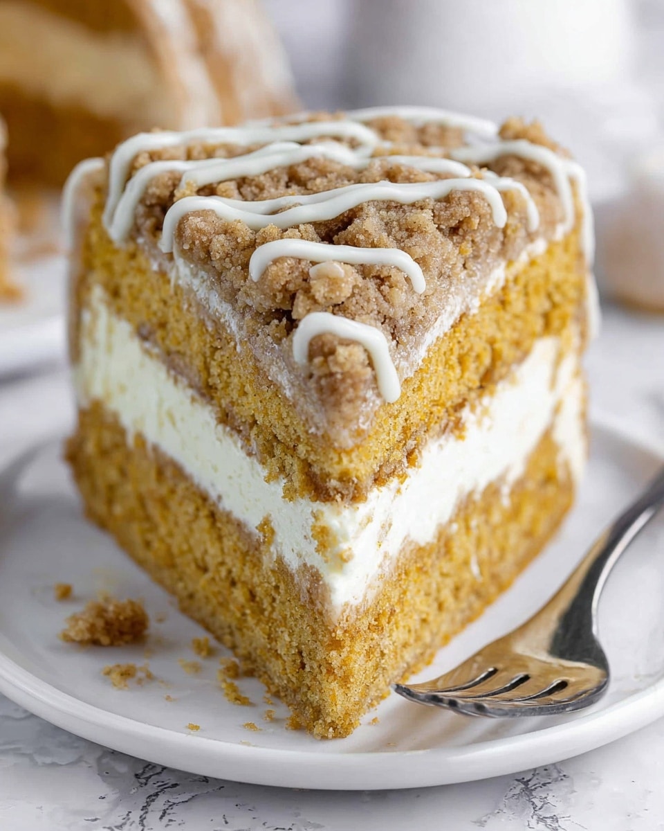 A slice of crumb cake with three clear layers sits on a white plate with a white marbled surface in the background. The bottom layer is golden brown and dense, the middle layer is thick and white cream, and the top layer is another golden brown crumb cake layer. The top is covered with chunky, light brown crumbly streusel and decorated with thin white glaze drizzles across it. A shiny silver fork rests beside the slice on the plate. Photo taken with an iphone --ar 4:5 --v 7