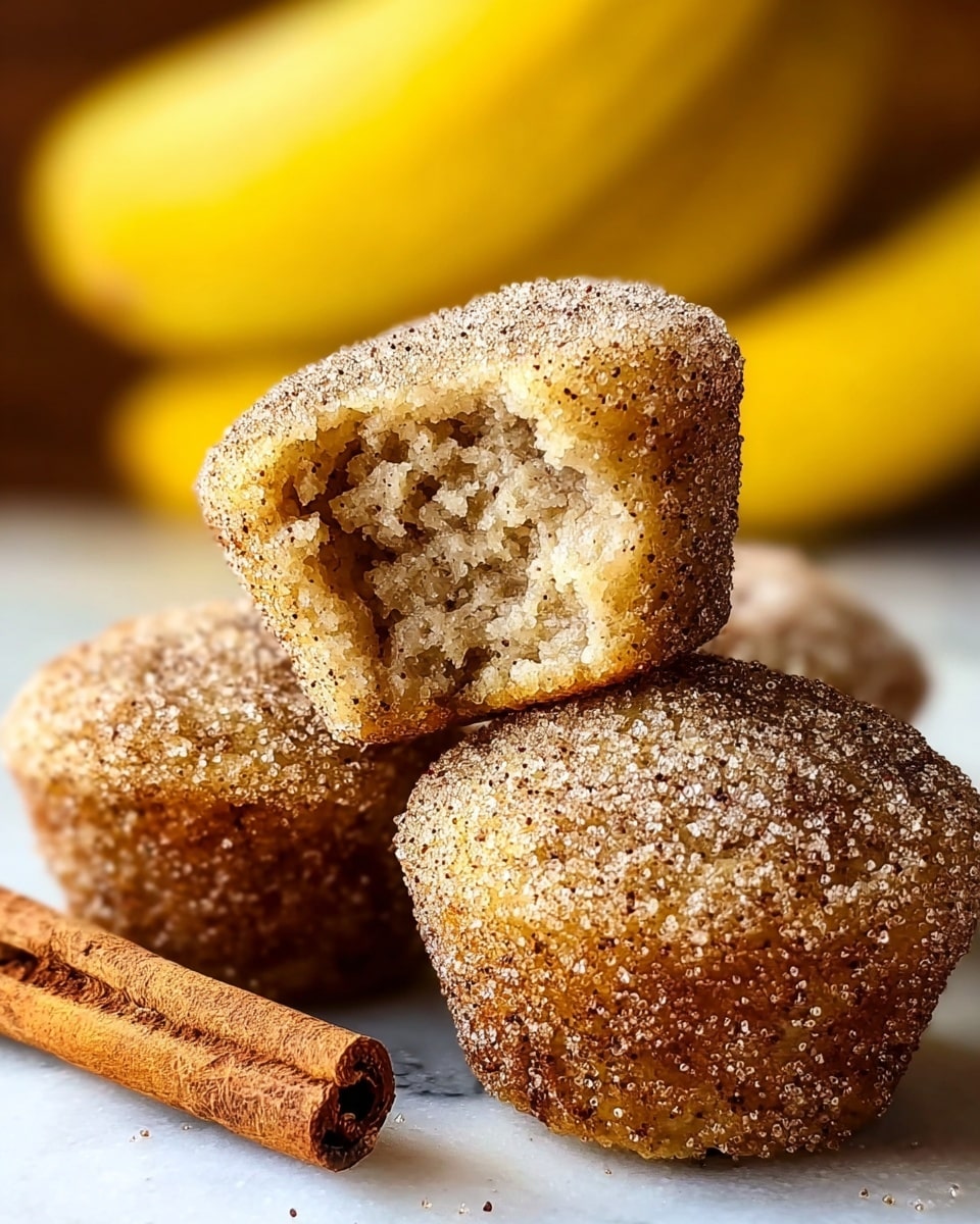 The image shows a close-up of three small round cupcakes with a rough, grainy sugar coating sprinkled with dark specks, giving them a textured look. One cupcake is cut open and placed on top of another, revealing a moist, light brown interior with a soft, crumbly texture. The cupcakes sit on a white marbled surface, with a cinnamon stick partly visible in the foreground. In the background, blurred yellow bananas add a bright, smooth contrast to the scene. photo taken with an iphone --ar 4:5 --v 7