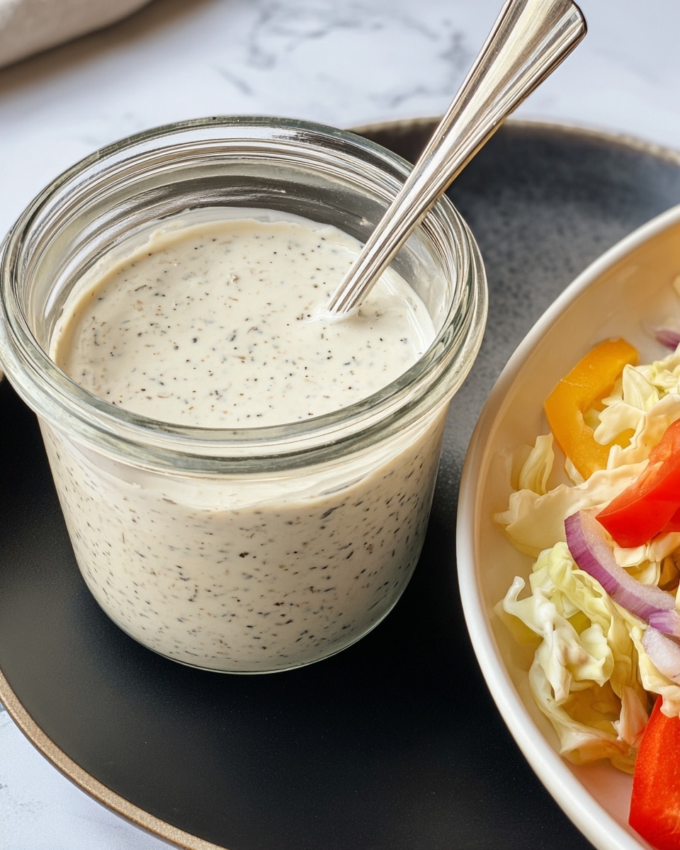 A clear glass jar filled with a creamy, speckled white sauce that has small black herbs or spices mixed in, with a silver spoon placed inside the jar. The jar sits on a black plate, and next to it is a white bowl partially visible with chopped vegetables including pale yellow cabbage, red bell pepper, and some purple pieces on a white marbled surface. photo taken with an iphone --ar 4:5 --v 7