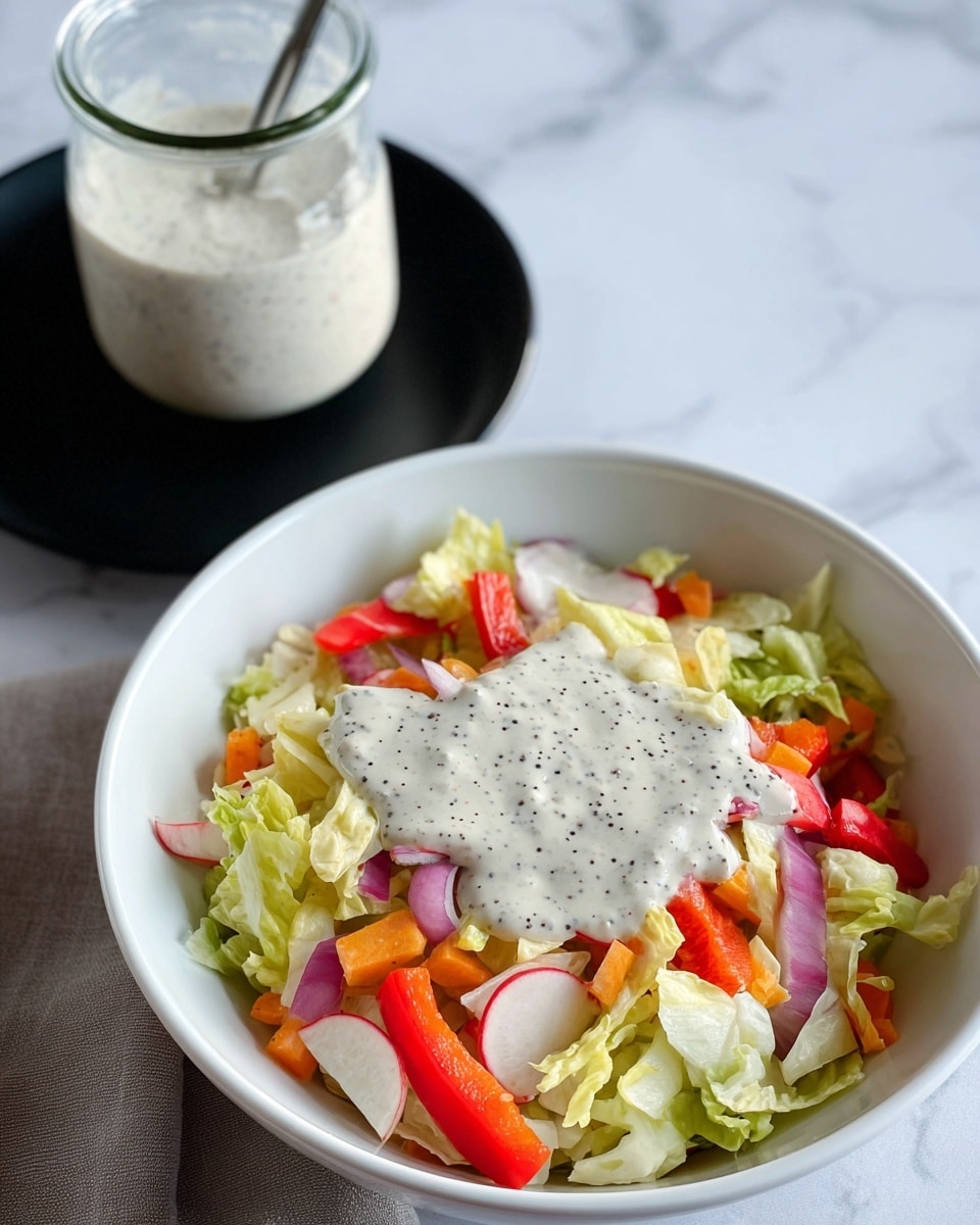 A white bowl filled with a salad made of chopped pale yellow lettuce, bright red bell pepper pieces, orange carrot chunks, thin purple onion slices, and a few translucent radish slices. On top of the salad, there is a creamy white dressing speckled with black seeds, spread mostly in the center. Behind the bowl, a glass jar with more of the same dressing stands on a black round plate, with a metal spoon inside. The background is a white marbled texture. Photo taken with an iphone --ar 4:5 --v 7