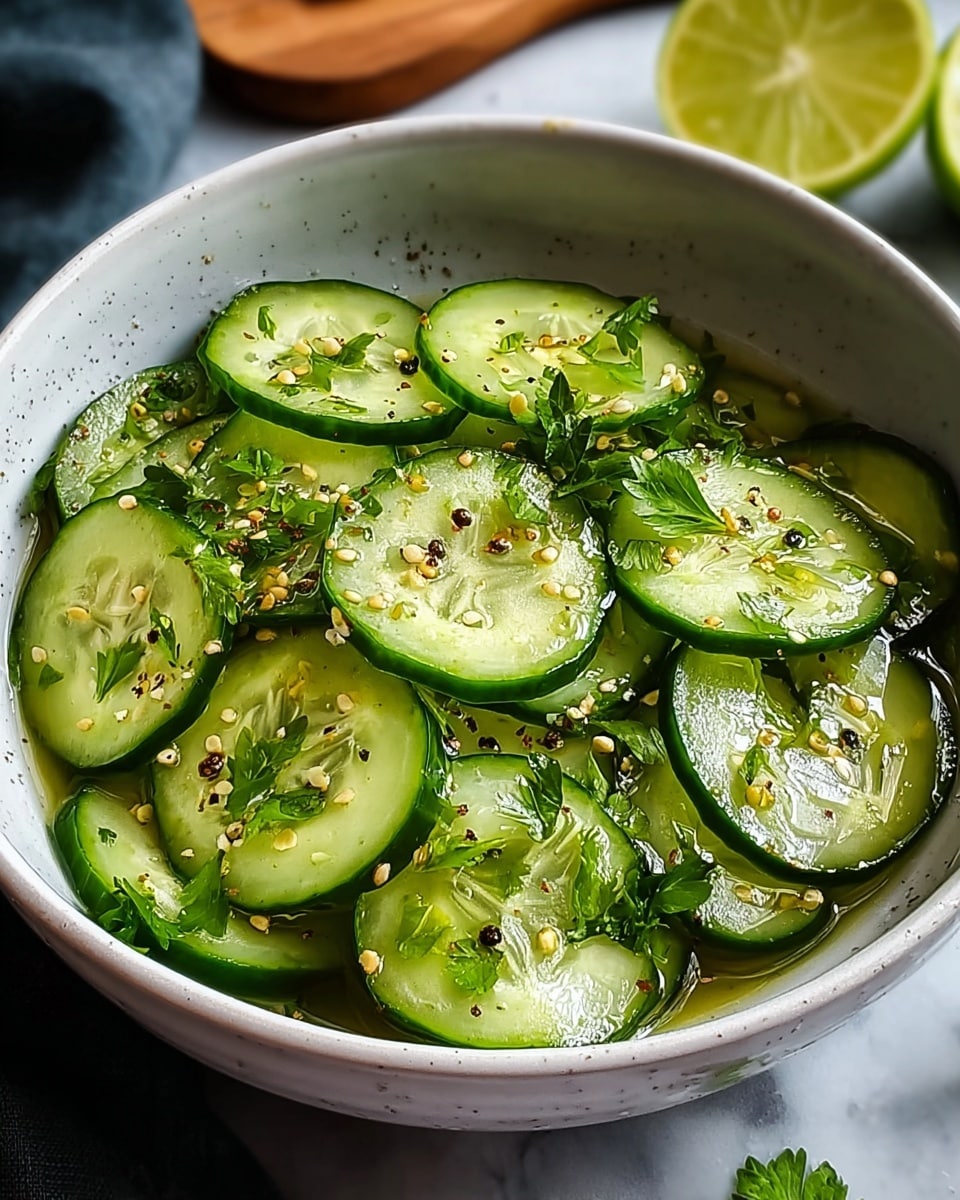 A bowl filled with thinly sliced cucumber rounds, layered evenly and soaking in a light dressing. The cucumber slices are bright green with a glossy texture from the oil or vinegar dressing. Scattered on top are small green parsley leaves and specks of black pepper and crushed seeds, adding texture and contrast. The bowl is white with a subtle speckled pattern, resting on a white marbled surface with a blurred lime and lemon halves in the background. photo taken with an iphone --ar 4:5 --v 7