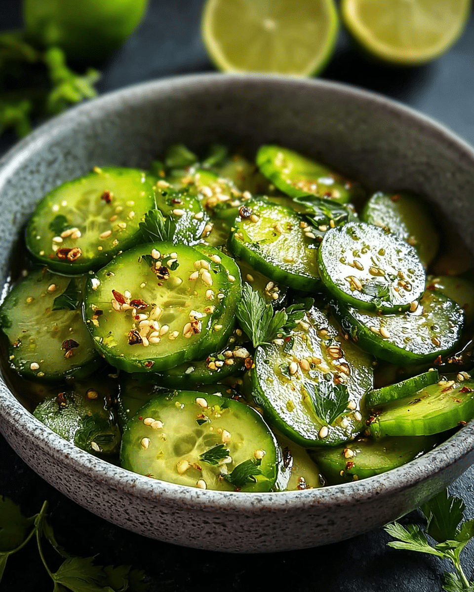 A gray speckled bowl filled with one layer of bright green cucumber slices. The cucumbers are thick, fresh, and glossy with oil, sprinkled with small bits of crushed red pepper, black pepper, and sesame seeds. Fresh green parsley leaves are scattered on top, adding a touch of leafy texture. The bowl is on a dark surface with blurred lime halves and green herbs in the background. photo taken with an iphone --ar 4:5 --v 7