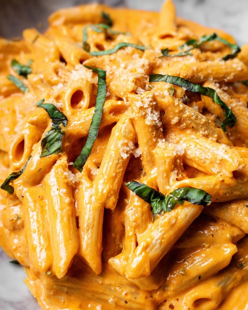 A close-up of cooked penne pasta fully covered in a thick, creamy orange sauce with a smooth texture. The pasta is well coated, with some pieces slightly rising above the sauce, showing their hollow centers and ridged surfaces. Thin green basil strips are scattered evenly on top, adding contrast, and small bits of grated white cheese are sprinkled throughout, adding texture and lightness. The pasta rests on a white marbled surface. photo taken with an iphone --ar 4:5 --v 7