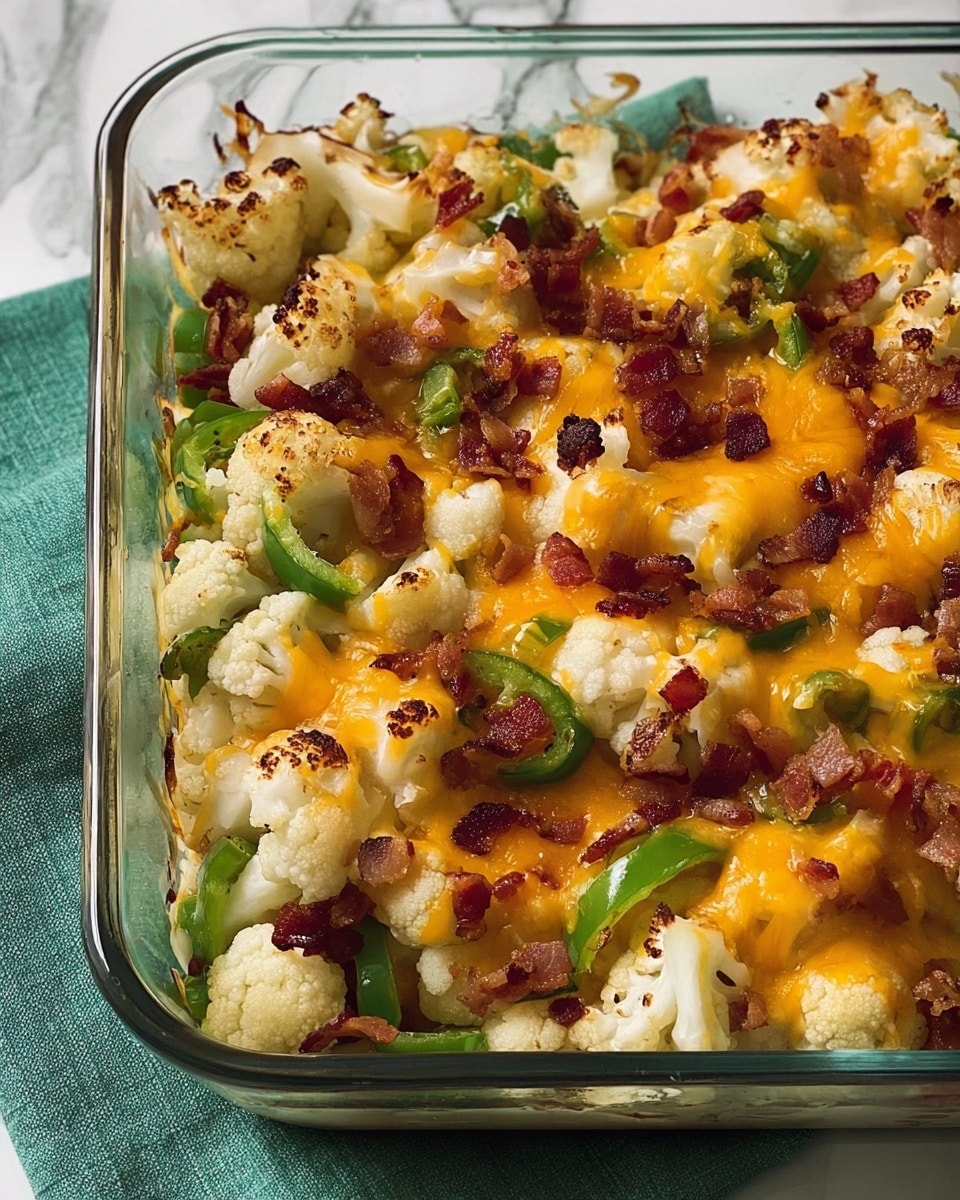 The image shows a clear glass baking dish filled with a layered casserole. The bottom layer is not visible but is covered by a mix of roasted white cauliflower florets with a slightly browned texture, scattered bright green sliced bell peppers, and small crispy pieces of dark brown bacon. Melted orange-yellow cheddar cheese is drizzled unevenly over the top, blending into the cauliflower and bacon, with some bits showing light browning from baking. The dish rests on a green cloth over a white marbled surface. photo taken with an iphone --ar 4:5 --v 7