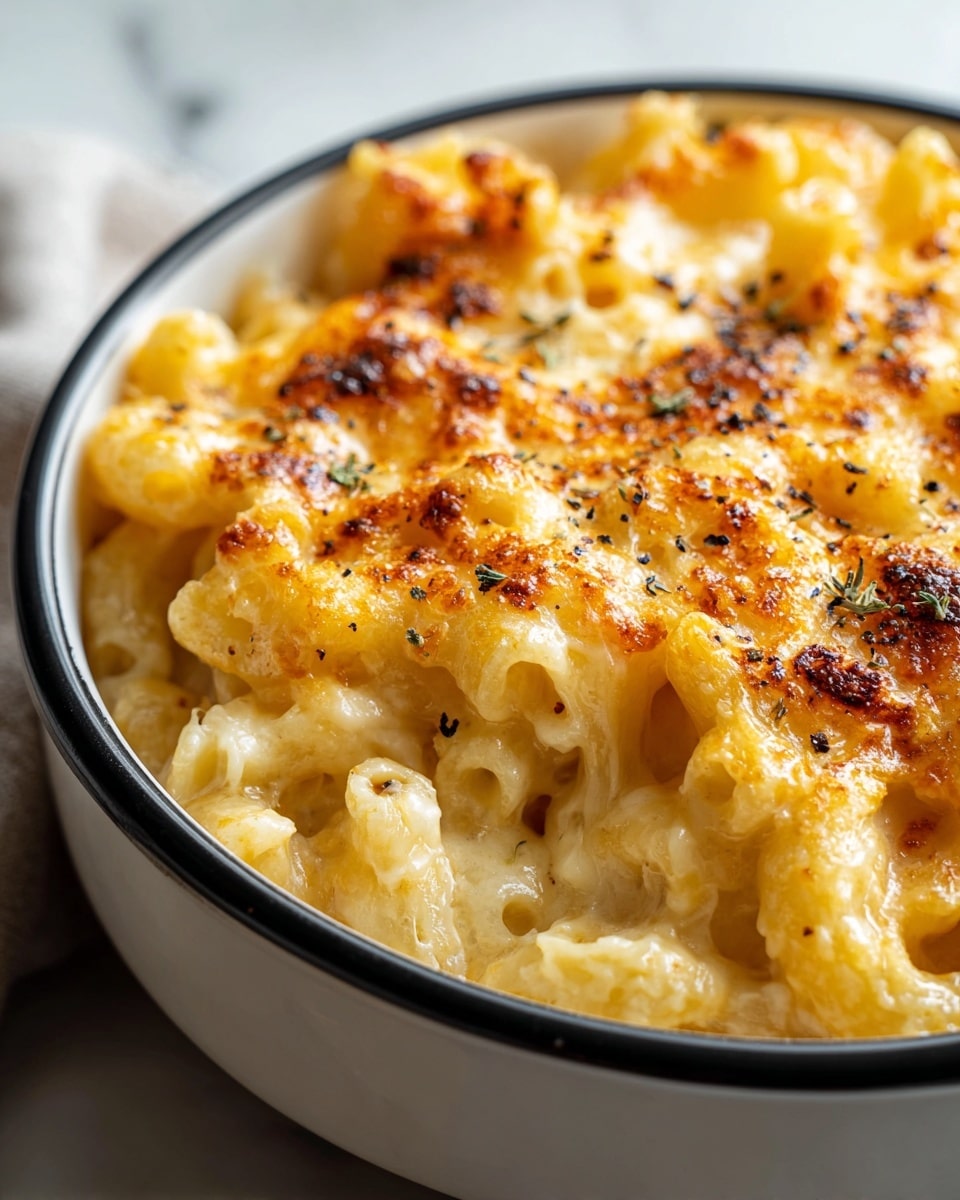 A close-up of a creamy baked macaroni and cheese in a white bowl with a black rim, showing one thick layer of elbow macaroni pasta mixed smoothly with melted cheese sauce. The top layer of cheese is golden brown with browned spots and slight bubbling, sprinkled with black pepper. The dense texture of the cheese contrasts with the soft pasta underneath. The bowl sits on a white marbled surface. photo taken with an iphone --ar 4:5 --v 7